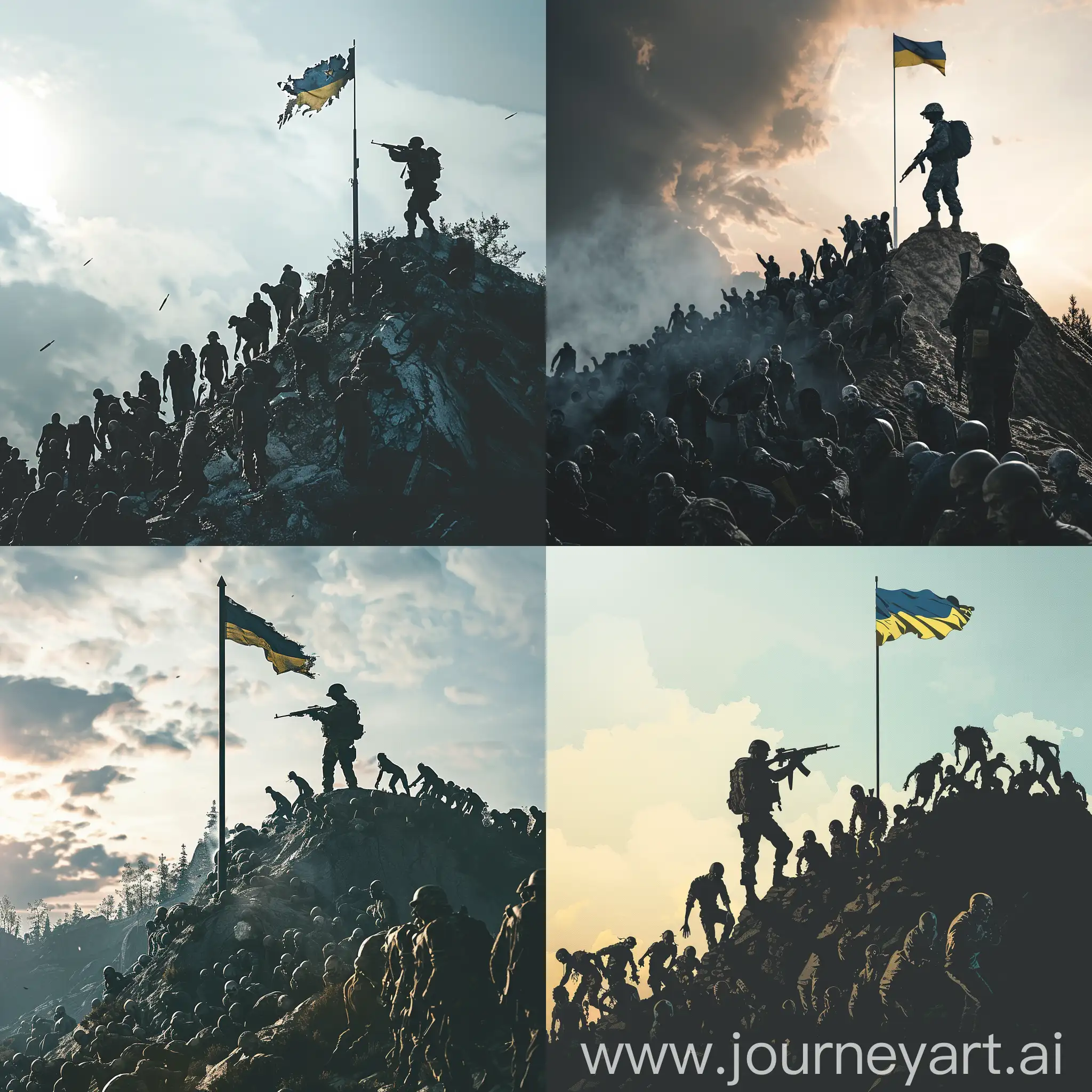 View from afar, the silhouette of a Ukrainian soldier stands on a mountain next to a flagpole on which the Ukrainian flag flutters, and shoots at crowds of zombies in Russian military uniform who are trying to crawl up the hill