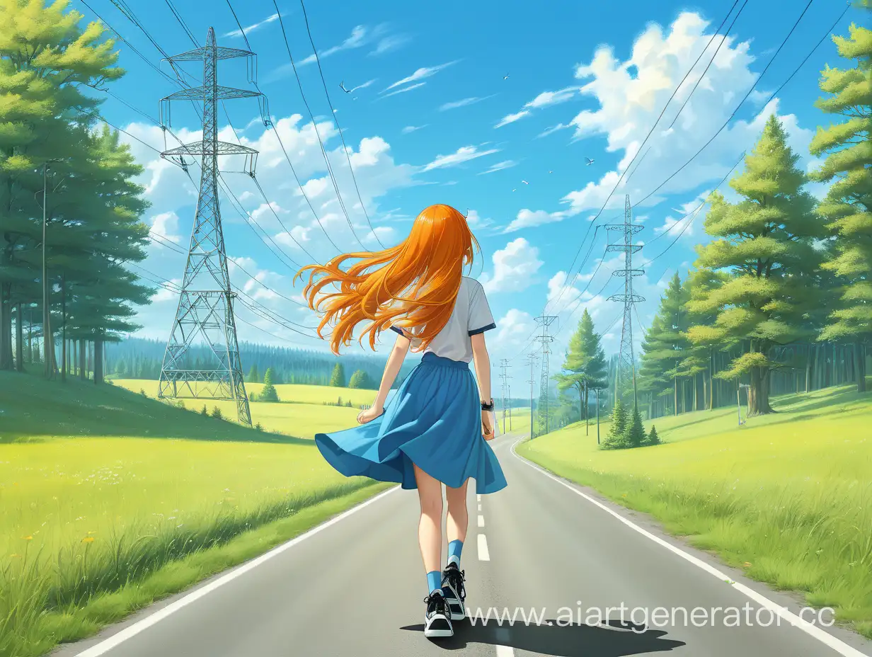 Scenic-Summer-Road-Girl-with-SunOrange-Hair-Standing-Beside-Power-Lines