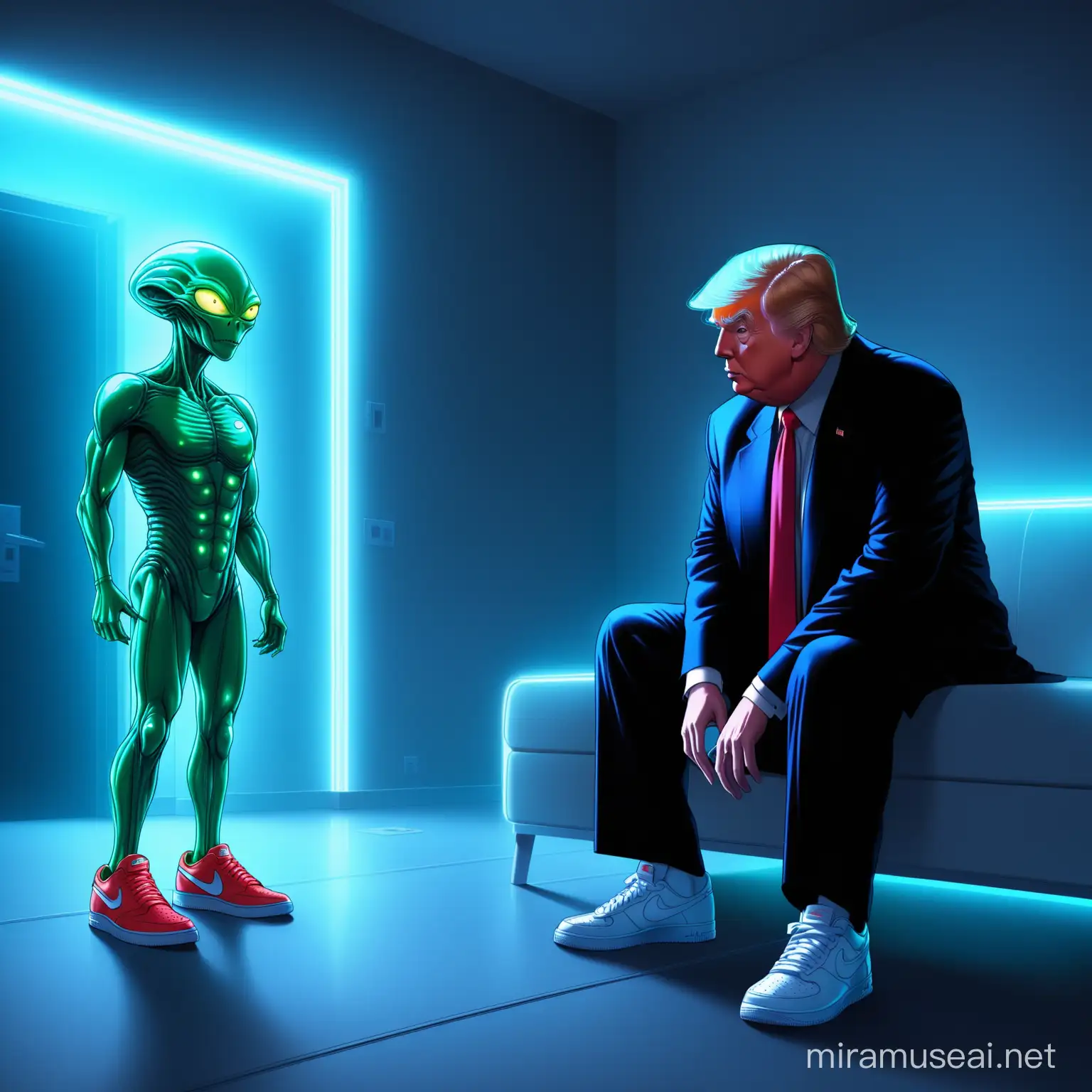 4k Funny Donald Trump in Nike Sneakers meet a alien in a Modern Neonlit room