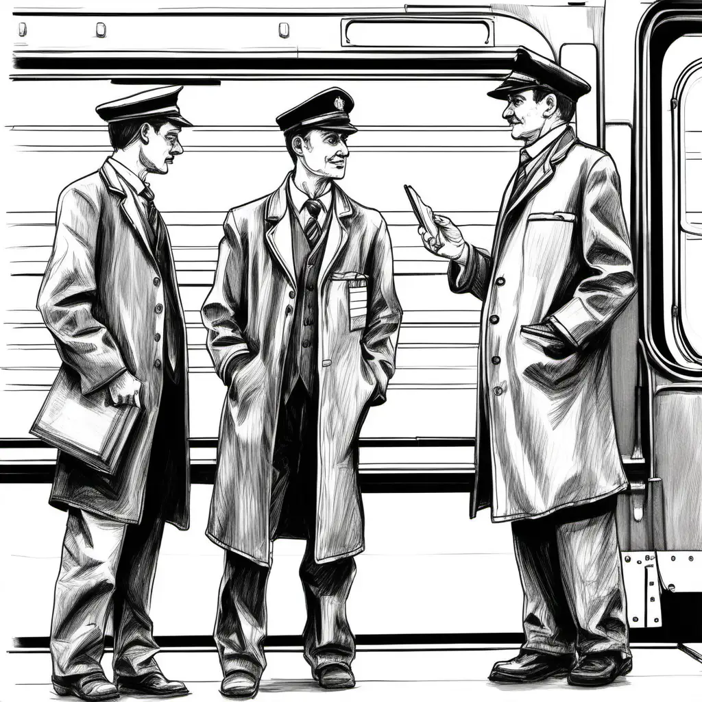 Create a hand sketch of meeting of 3 stationmasters in a train platform.

All the drawing should fit in the image.
No colors. White background. No shades. 