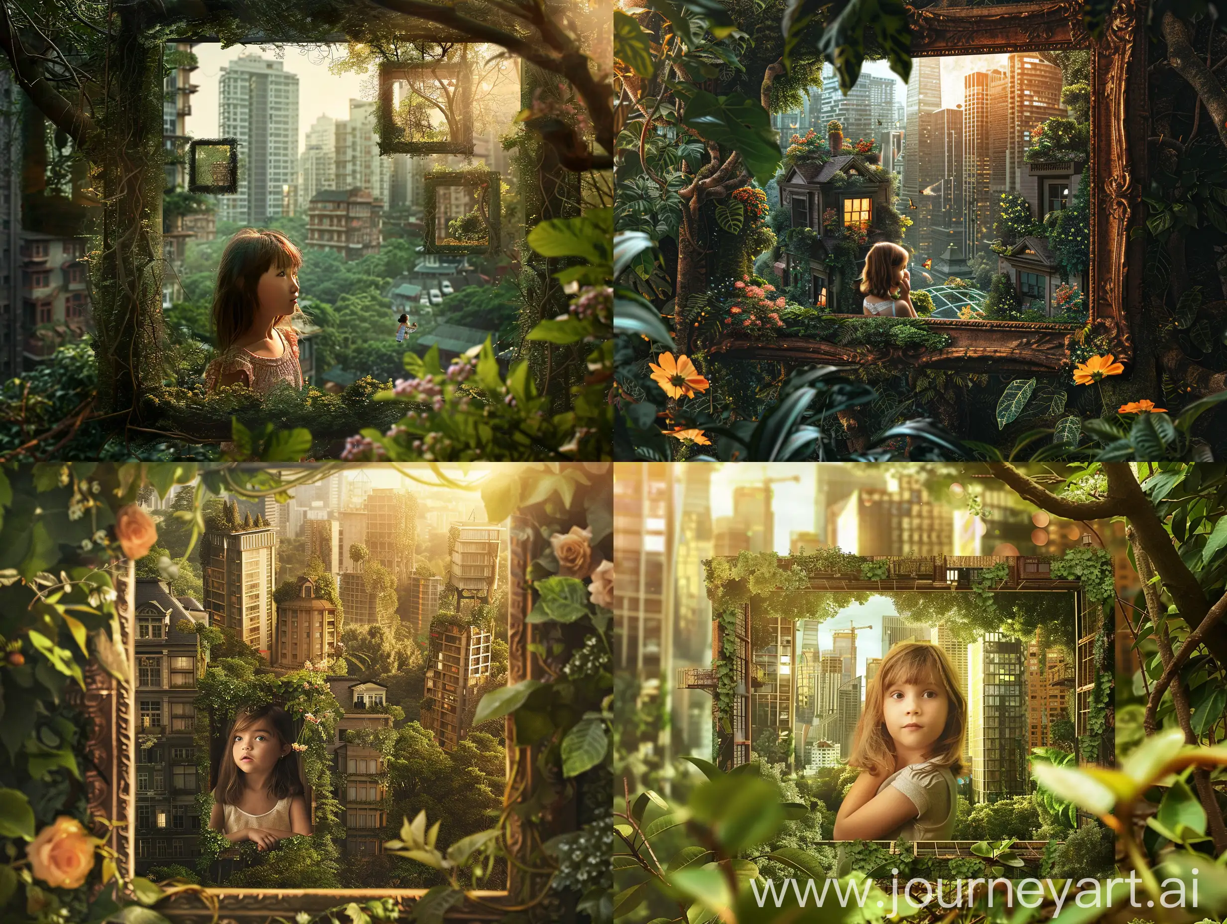 girl，frame showing city block on trees，forest city，tree house，tree loft，skyscraper，warm and cozy atmosphere，Rooftop ，rooftop Flowers，lush greenery，vine-dominated，nature-filled, sun-drenched,radiant lighting, city-in-the-forest, young girl, lush surroundings，skyscraper，fantasy