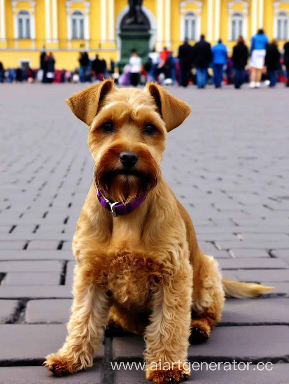 Собака, породы русская орхидея и терьер светло-коричнего цвета  сидит по Дворцовой площади в Питере