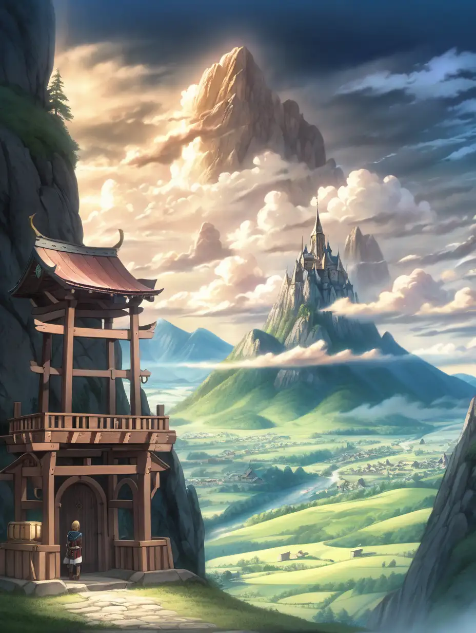 anime style, mountain background, kingdom in distance, medieval shrine, valley, clouds circling, dramatic lighting, wide shot