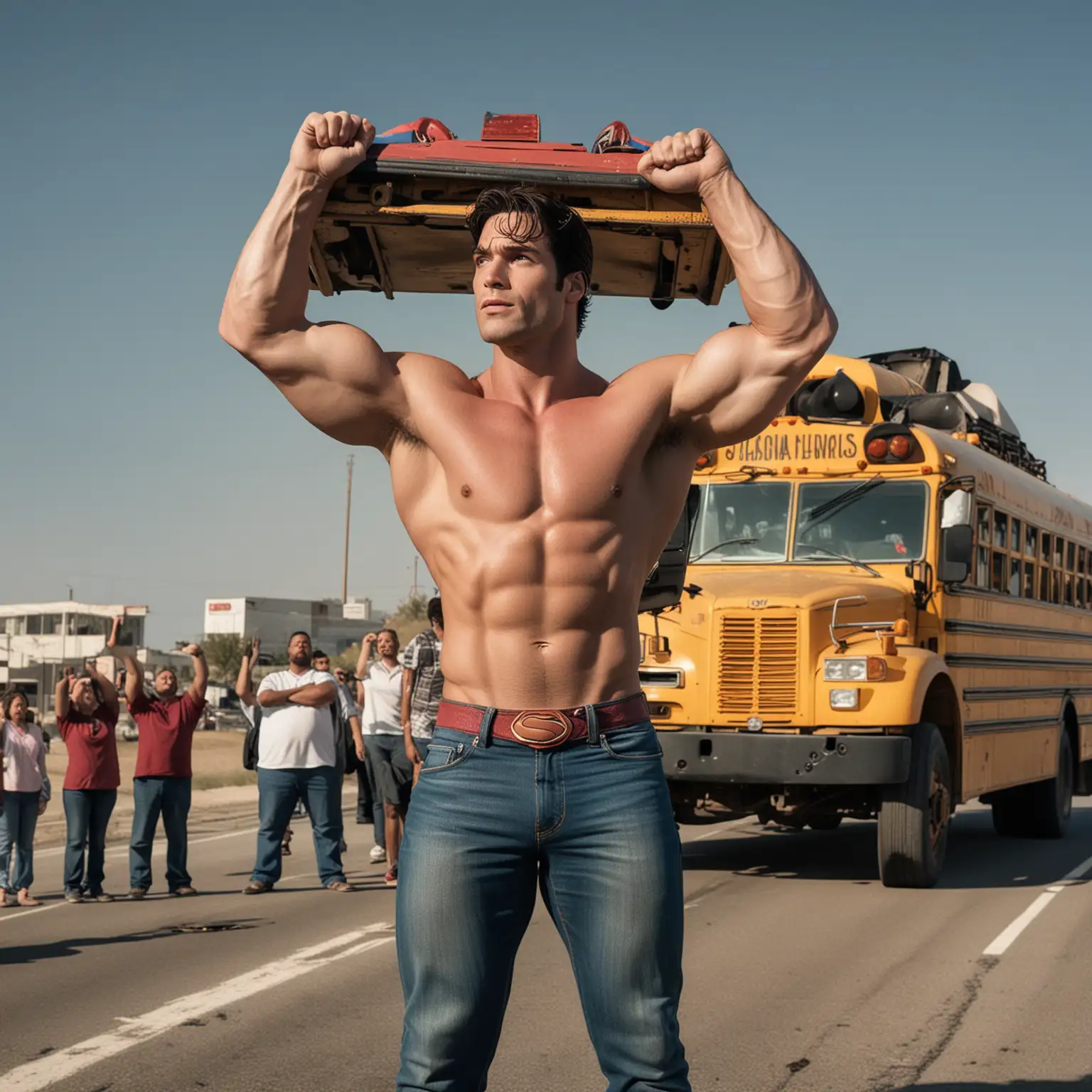 Very large bare chested  superman with huge biceps and six pack abs, lifting a school bus over his head after an accident on a highway
