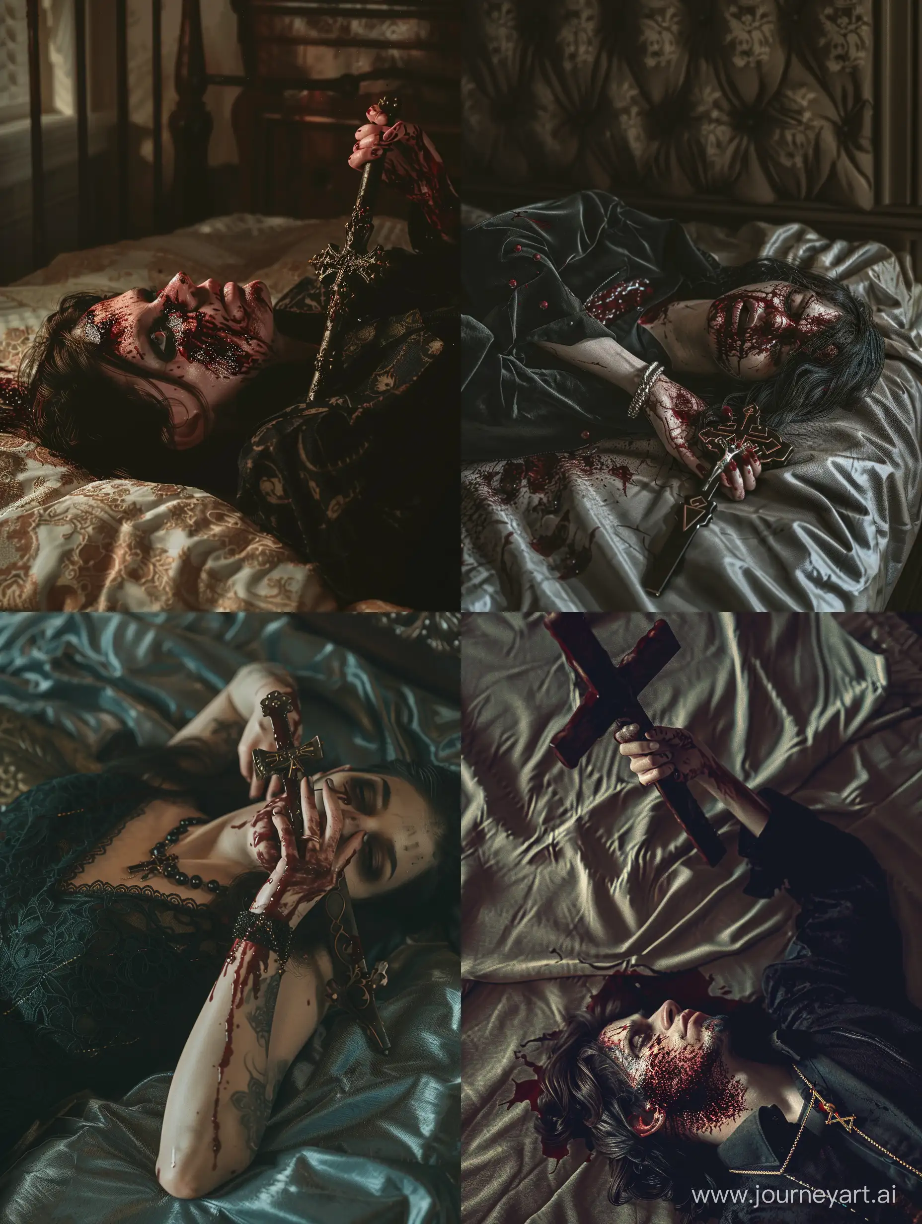 A person lying on a bed with their face covered in blood, holding a cross in their hand, in the style of gothic horror, dark and gloomy atmosphere, realistic and detailed, use of shadows and contrast, dramatic and expressive