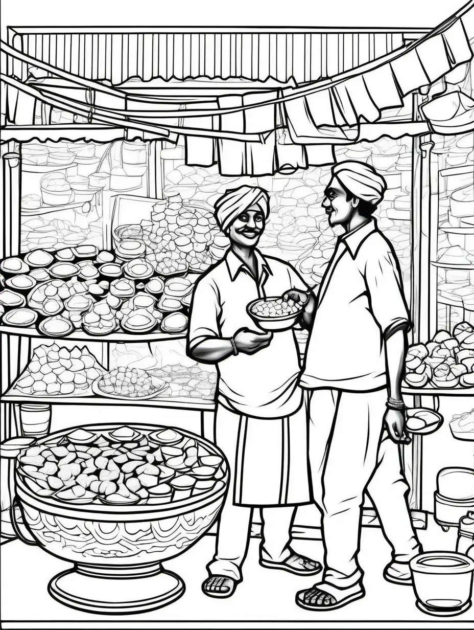 Create a black and white coloring page, black outlines, no color, no shading and no grayscale of an indian chaat vendor serving pani puri and samosas