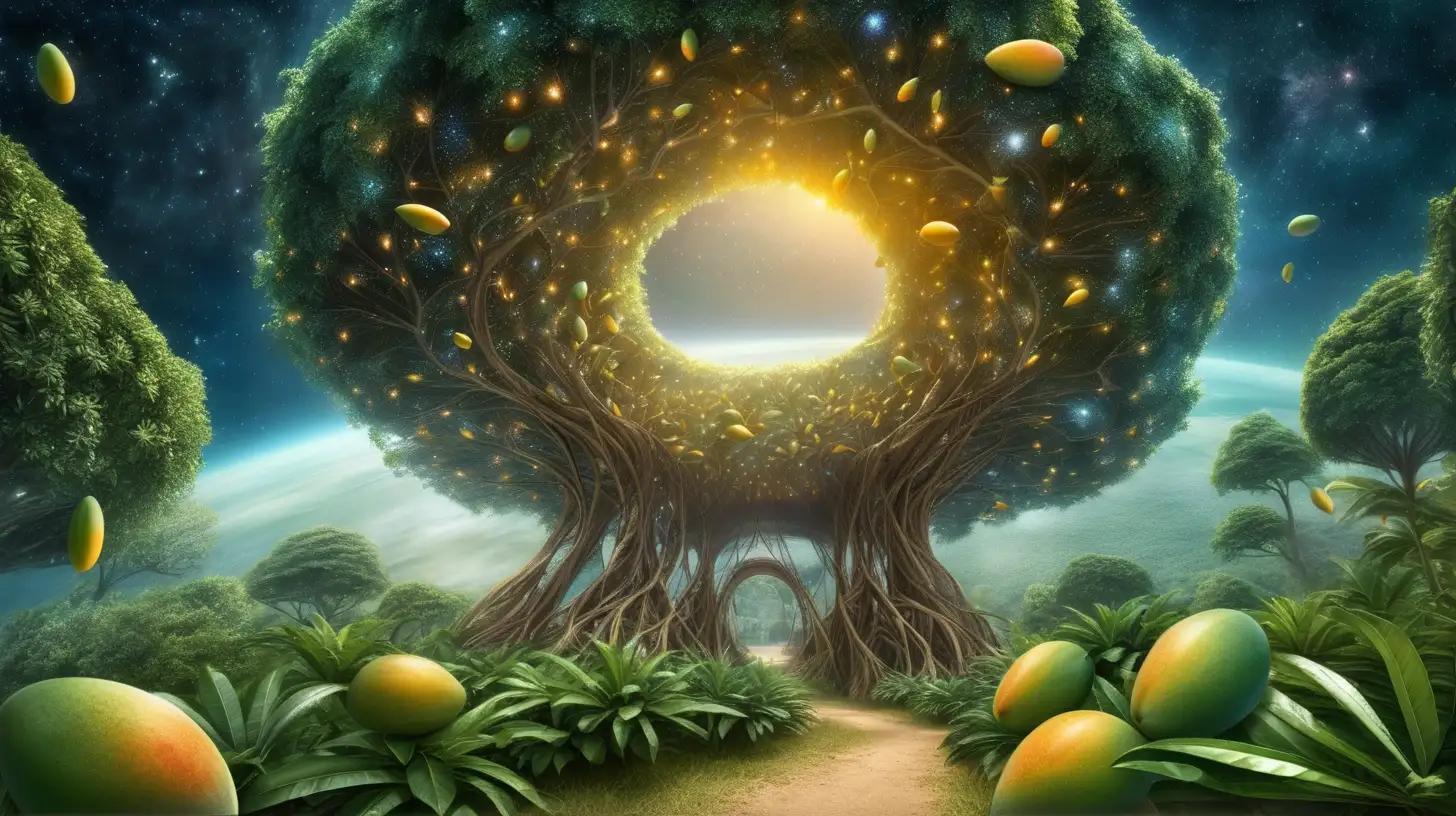 fairytale-magical mango trees forming a portal that shows outer space astroids