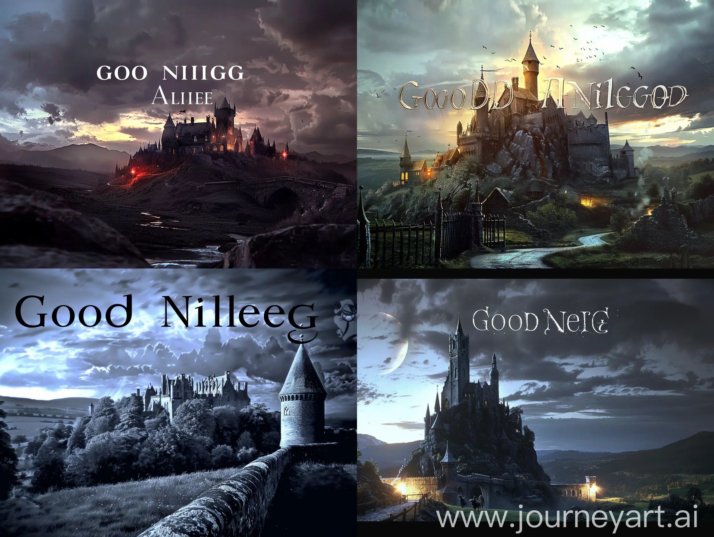 text "good night Alice" over dark medieval landscape