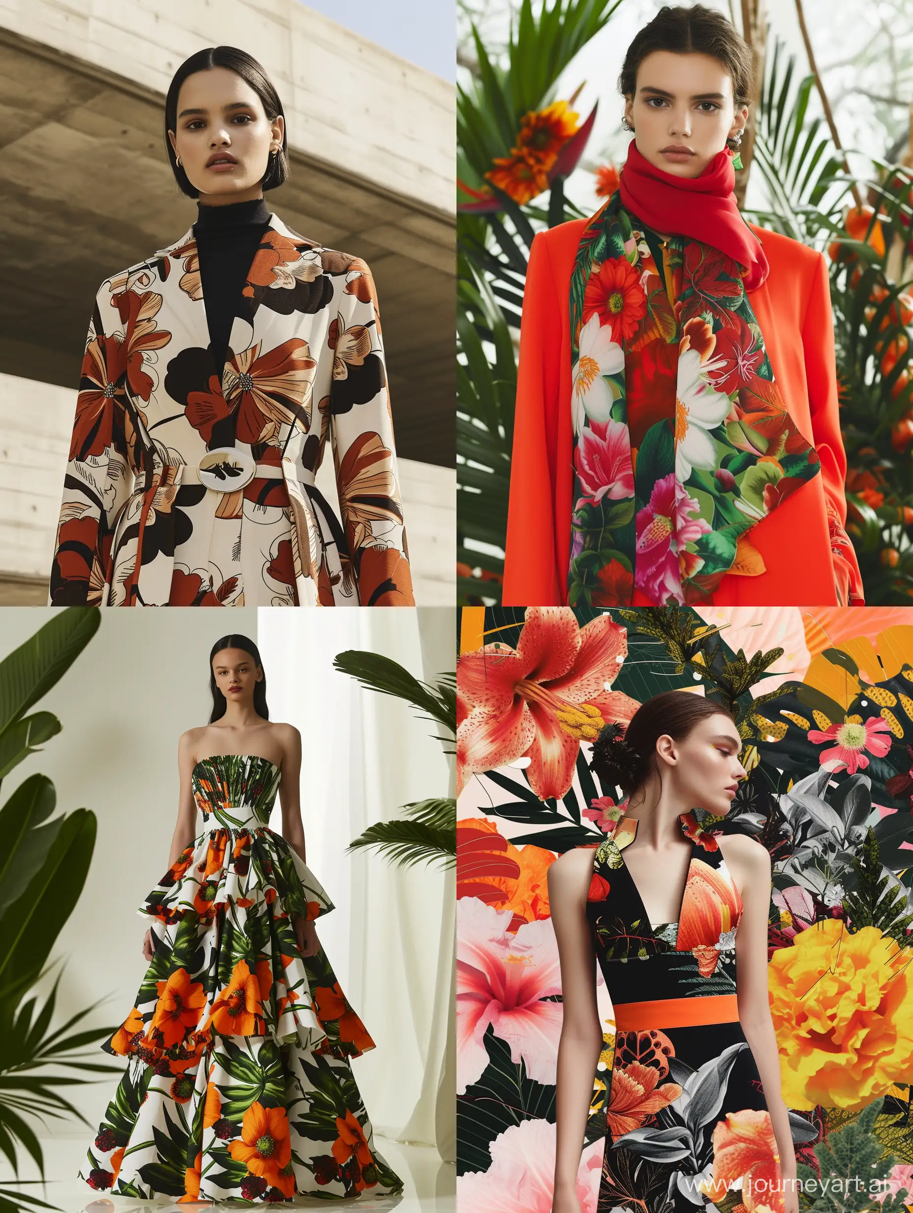 2.Urban Botanica: Where Nature Meets City Chic ,harmony between nature and metropolitan life, blending the softness of floral prints with the sleek lines of modern design: COUTURE DESIGN COLLECTION THEME INSPIRATION IMAGE