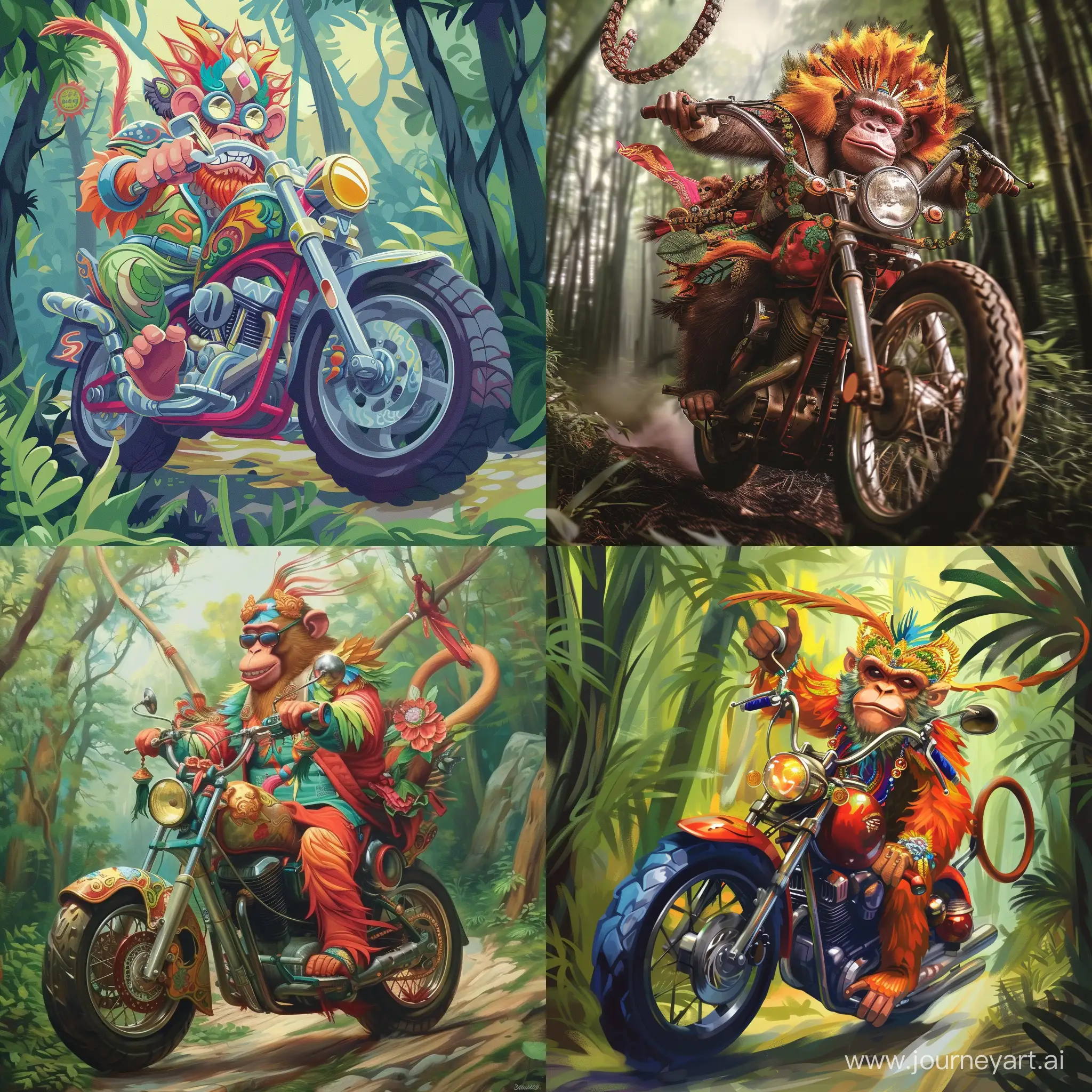 chinese colorful monkey king driving  big motorcycle in greeny  forest
