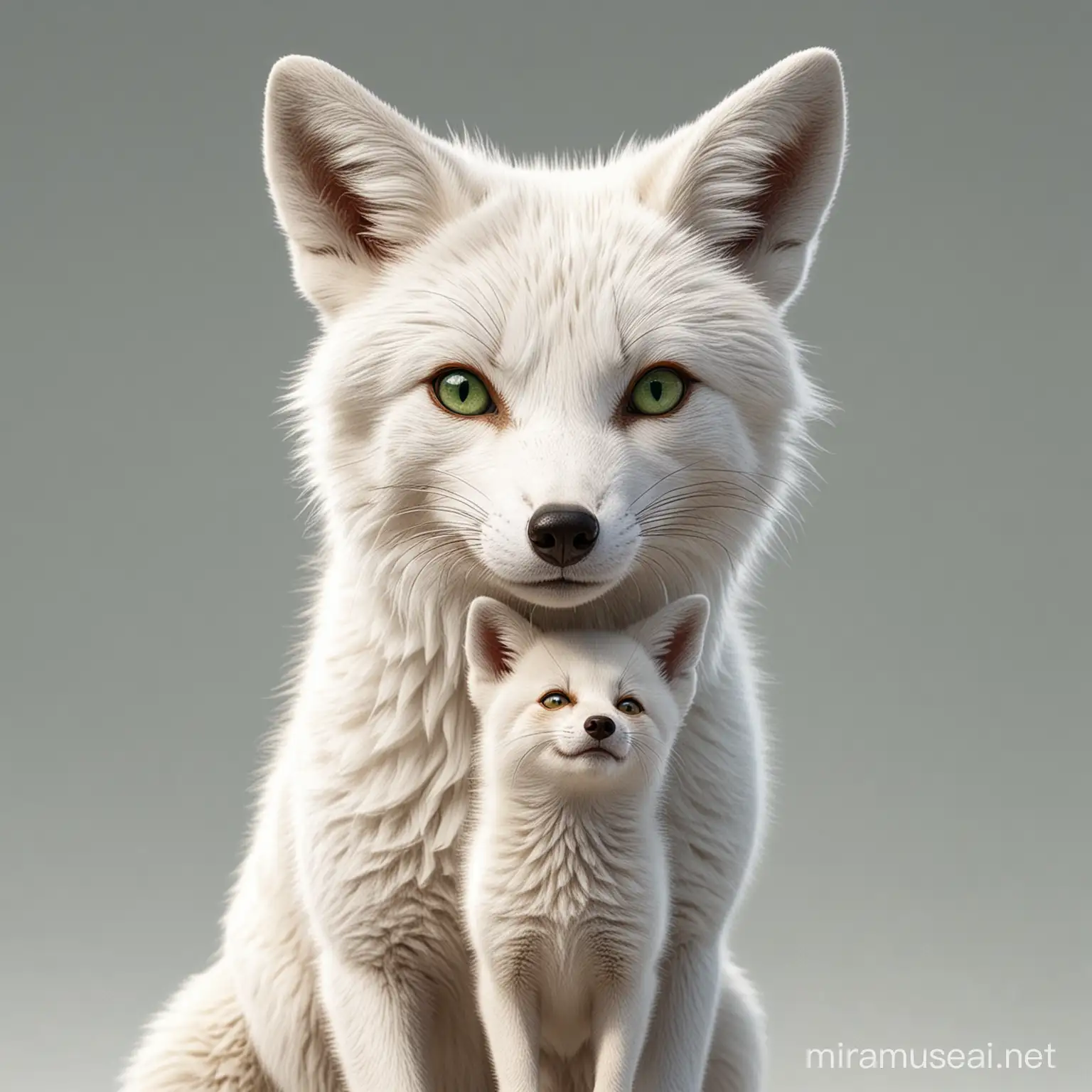 realistic full body shot of a white fox, green eyes, sweet head, holding a babyfox in his mouth, cartoonish, inventive character designs, color settings, 
highly detailed digital art, fixed on white background,  james gurney art --v 5.2 --s 250