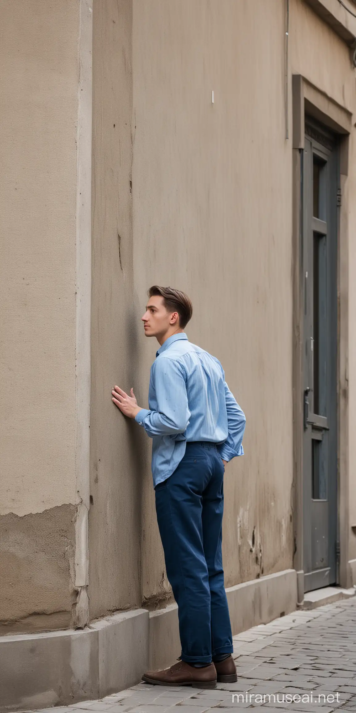 a colorful photo of 20yo man wearing blue classic shirt standing backward near the corner of the building in Warsaw, during World War II focal length 300 mm
