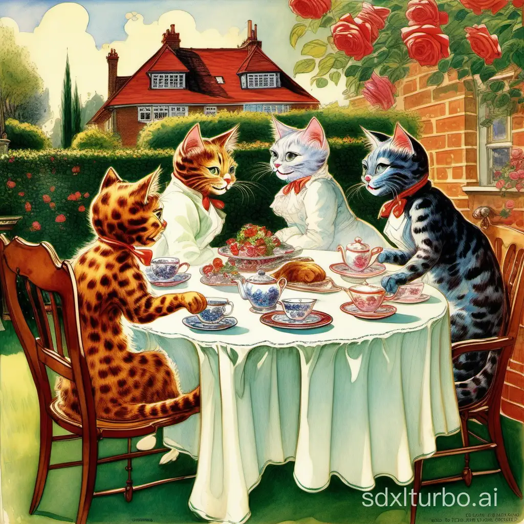 Louis Wain, anthropomorphic cat in profile very exciting and smiley with cute kids sitting at the table, at tea time in the home garden in springtime, cute and elegant wearing a beautiful white silk dress, with a blurred background and a large house in the background with beautiful crimson roses.