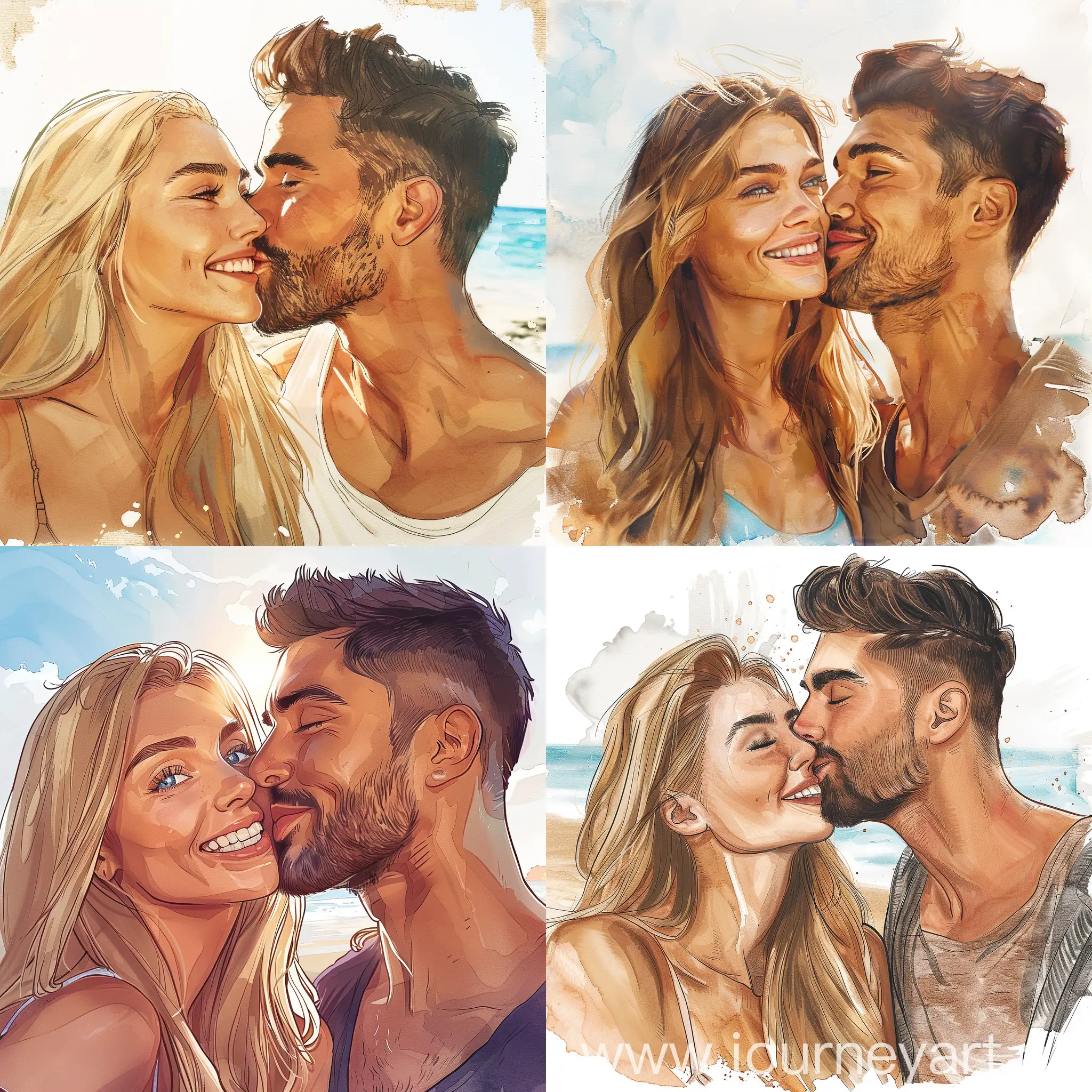 A cute woman and handsome mantake a selfie of themselves kissing at the beach. Woman has long blonde hair, blue eyes . Man has, dark brown undercut haircut, brown eyes and stubble. Both are wearing beach attire. illustration for book, childrens book, smiling, full body view watercolor clipart, full illustration, 4k, sharp focus, smooth soft skin, symmetrical, soft lighting.