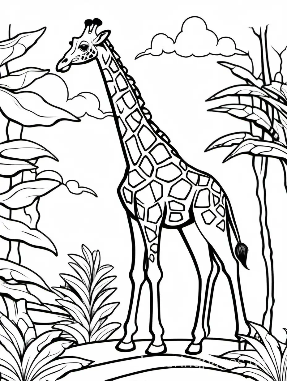 giraffe, Coloring Page, black and white, line art, white background, Simplicity, Ample White Space. The background of the coloring page is plain white to make it easy for young children to color within the lines. The outlines of all the subjects are easy to distinguish, making it simple for kids to color without too much difficulty