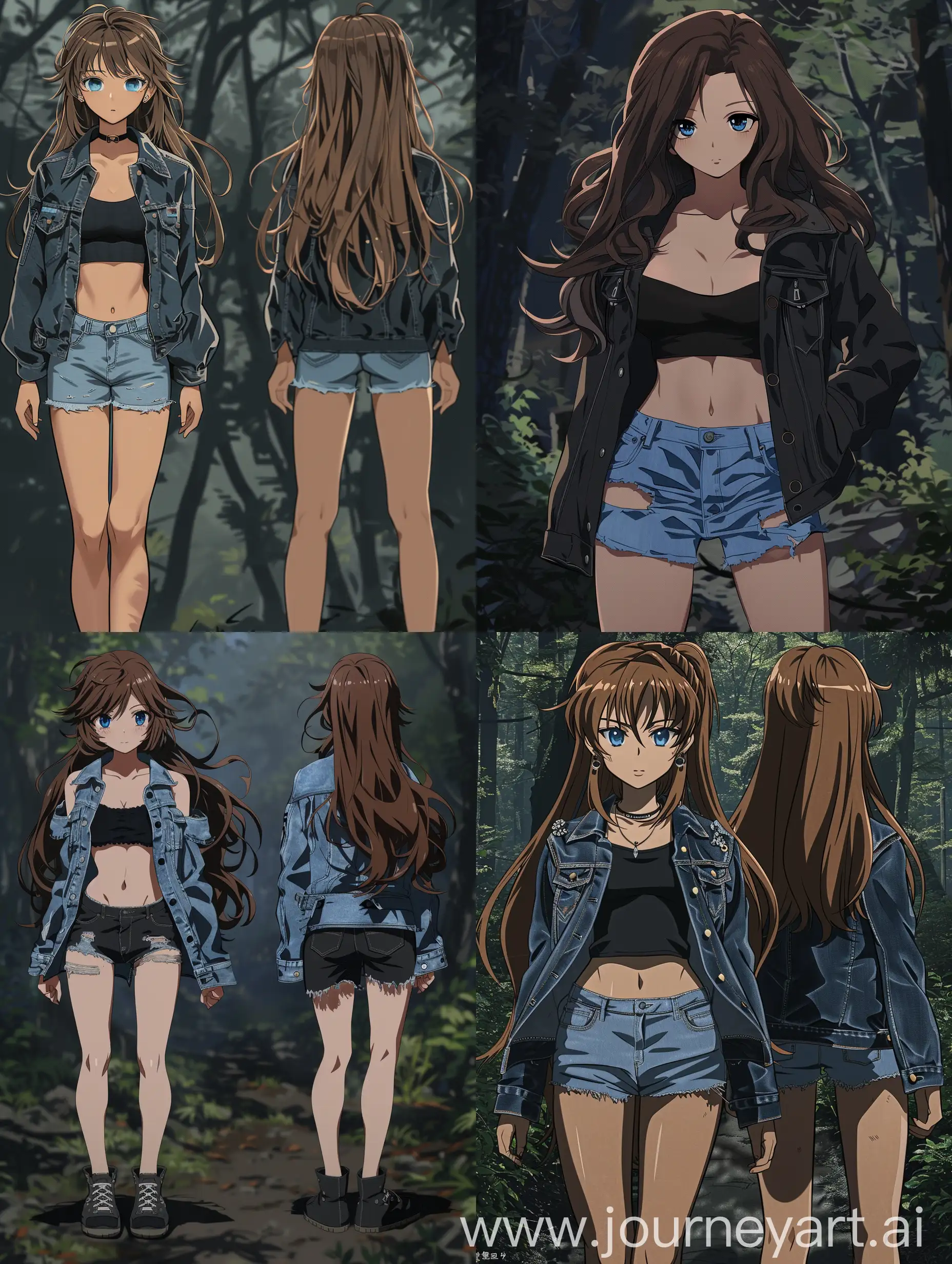 (masterpiece:1.2),(best quality:1.3),(character design sheet,same character,front,side,back), A girl with brown long hair, blue eyes, an innocent young face, 17 years old girl,, full body, extremely detailed, background dark forest, wearing a tight jeans short shorts, Washed Black Oversized Cropped Borg Lined Denim Jacket, black top, Tokyo revengers character
