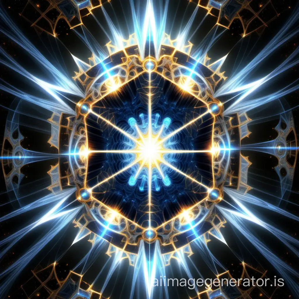 Shining detailed multi-layered solar halo, inside a detailed chic fractal gear in space, symmetry, fractal art, mysticism, glare of ice crystals in the sun's rays, sparkling fractals, halo glow lumen, intricate concept art, ethereal threads, high hexagon render
