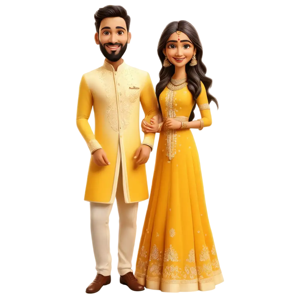 Stunning-Haldi-Ceremony-PNG-Caricature-Bride-and-Groom-Standing-Proud