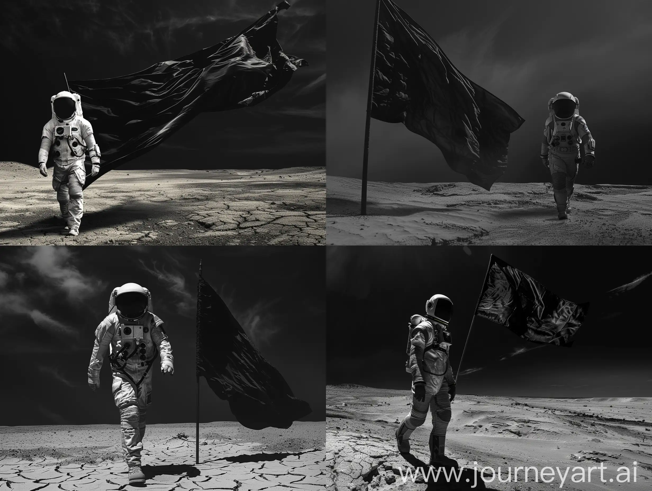Man in astro suit, walking a distant dry land with a black flag. sky is black, no clouds. Black and white, dramatic lighting 