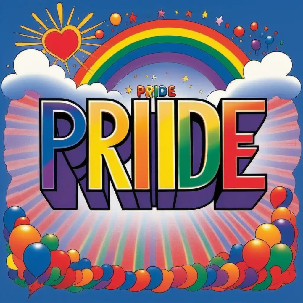 Type out the word Pride in rainbow, thick lettering reminiscent of Peter Max designs
