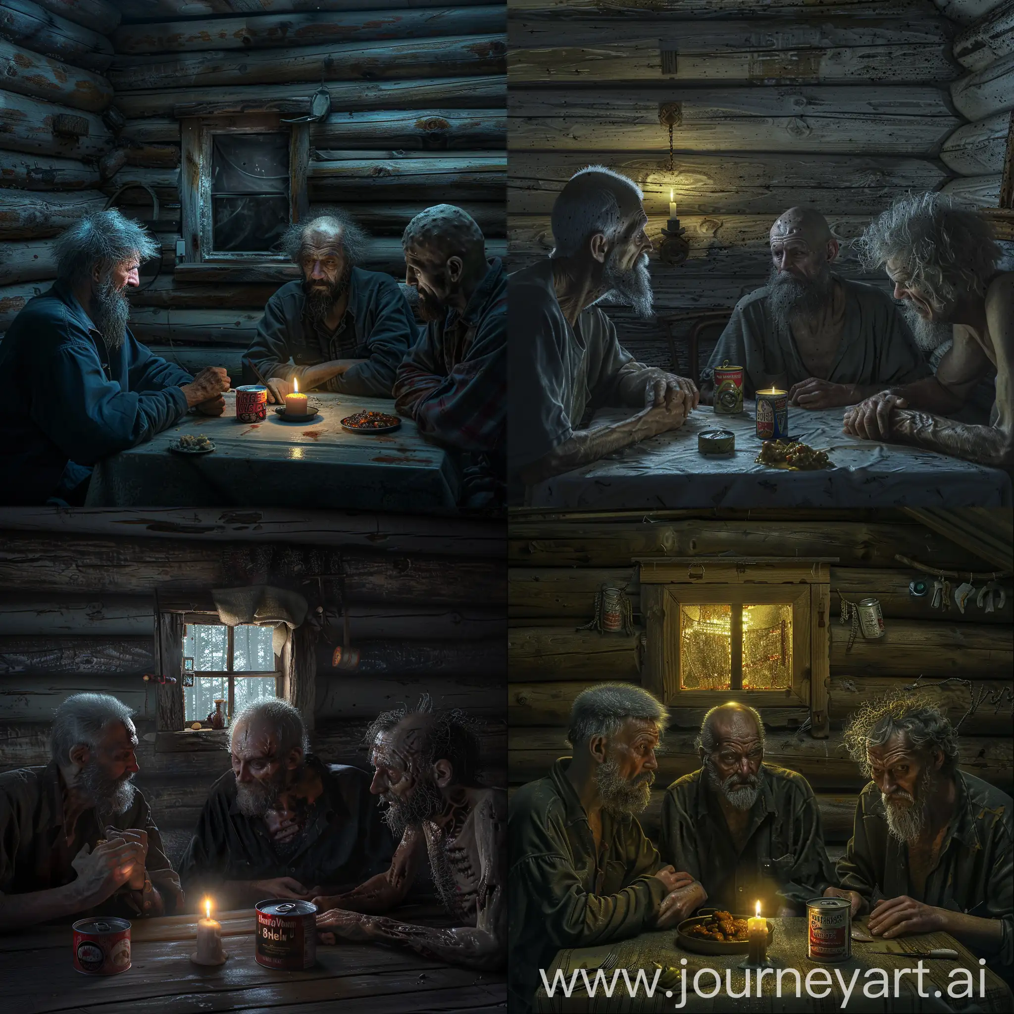 night, three men sitting at a table, an old house, a small window on the wall, walls made of logs, one man has a beard and gray hair, another has a beard and a bald head, the third has disheveled hair, gloomy atmosphere, a candle, a can of stew on the table, light only from a candle, horror, hyper-realism, 8K image quality, ultra detail
