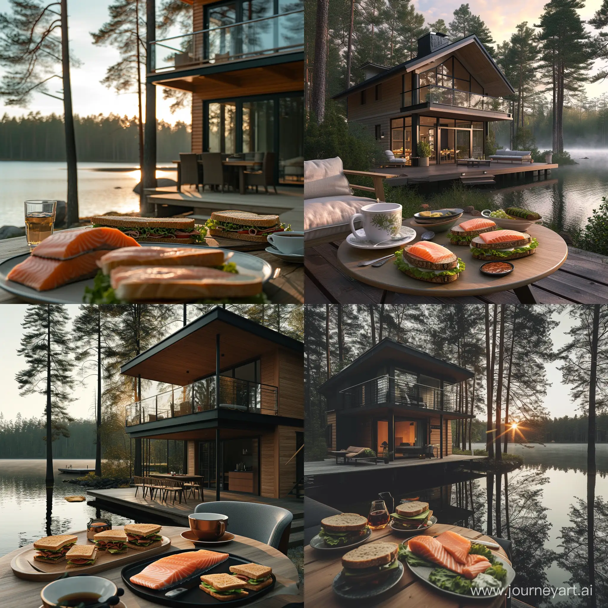 Serene-Sunrise-Scene-TwoStory-Lake-House-in-Pine-Forest-with-Coffee-and-Salmon-Sandwiches