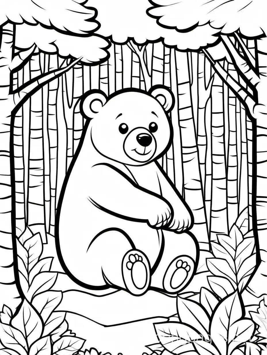 line art, outline image, illustration, white background, vectorize, cute bear in a forest for kids to color, Coloring Page, black and white, line art, white background, Simplicity, Ample White Space. The background of the coloring page is plain white to make it easy for young children to color within the lines. The outlines of all the subjects are easy to distinguish, making it simple for kids to color without too much difficulty