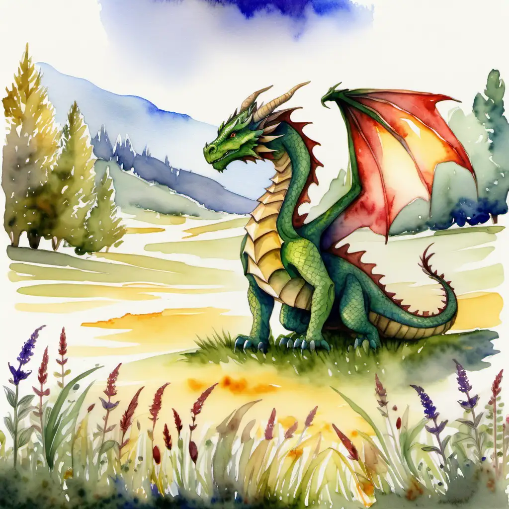 Majestic Dragon overlooking Playful Dragon Cubs in Watercolor Meadow