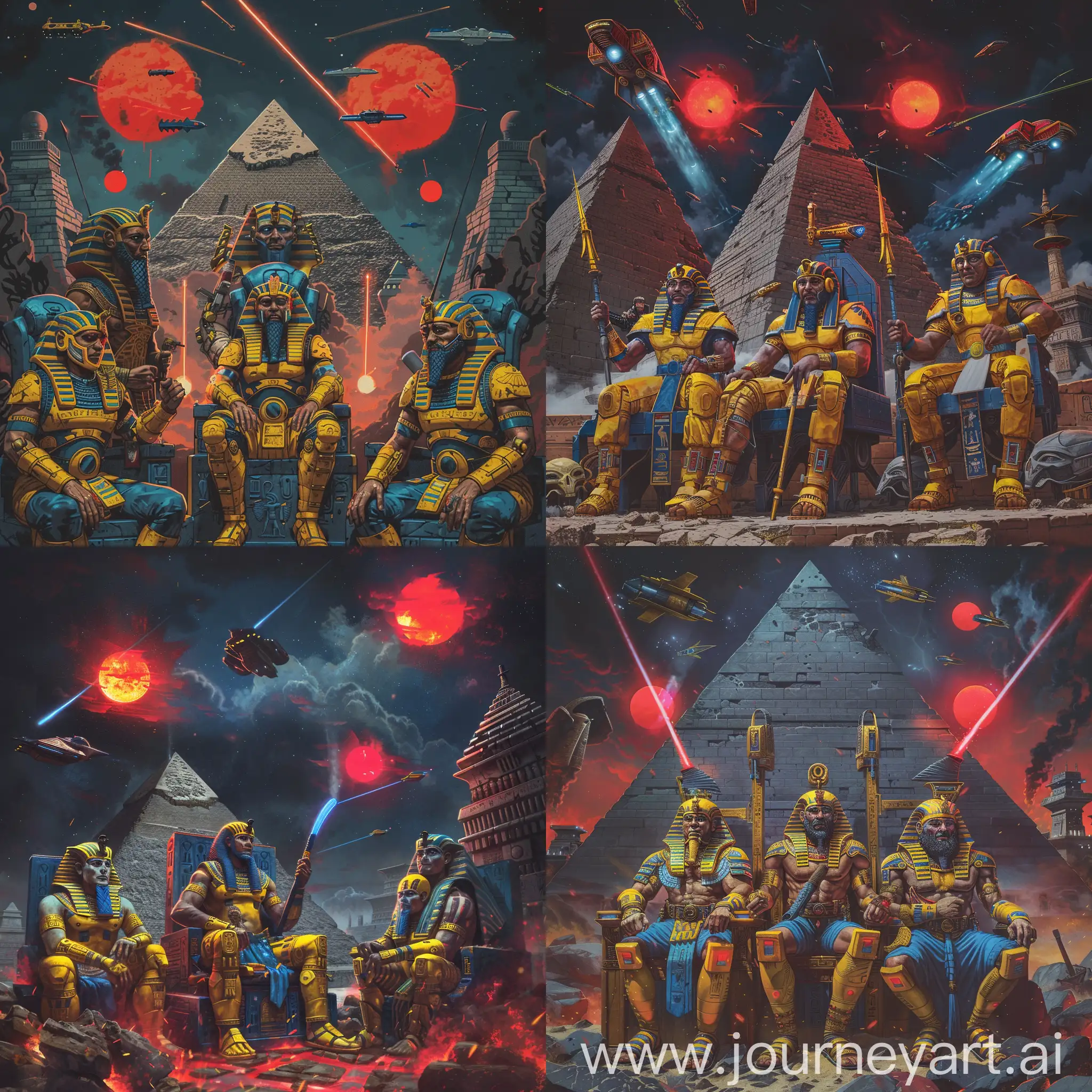in the middle at left, a middle-aged Egyptian pharaoh Ramesses the Great, with Egyptian beards, in yellow and blue Egyptian style space marine armor, sits on his Egypt royal throne,

in the middle at right, a middle-aged Babylonian king Nebuchadnezzar II, with Babylonian beards, in yellow and blue Babylonian style space marine armor, sits on his Babylonian royal throne,

ancient Egyptian cyborgs soldiers in yellow blue armor are at left, hold laser spears,

ancient Babylonian cyborgs soldiers in yellow blue armor are at right, hold laser spears,

a futuristic steel gray pyramid is at left in the background, another futuristic steel gray ziggurat is at right in the background,

three red suns in the dark sky, with Egyptian style Spaceships at left and Babylonian style Spaceships at right in the sky,