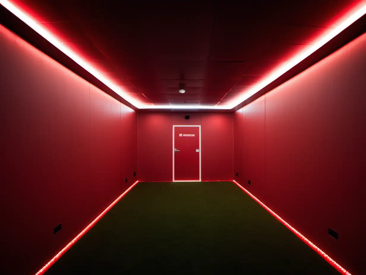 red players tunnel, red 
walls, led lighting, dramatic lighting, lit from the front, dark in the back