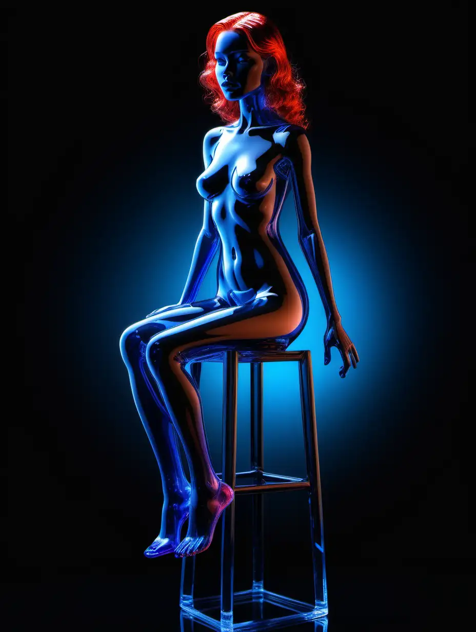 Photo-realistic, detailed, high definition. vibrant colors, (black background) Full body shot.A transparent pretty glass woman, consisting of  glass with a reddish tone, sitting on glass stool, a strong blue light diffusion mysteriously fills the air.
