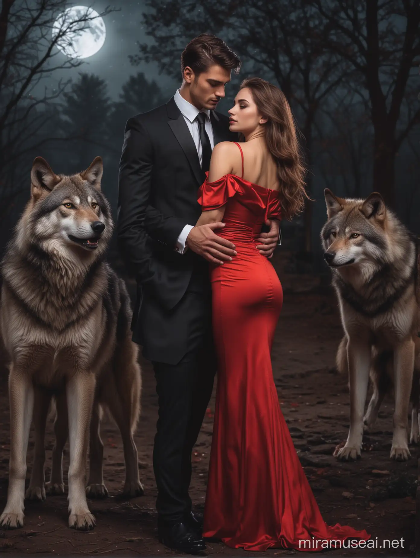 A handsome young man in a cool black tie suit to his muscles, holding a lady in red dress romantically, with wolves beside them, at night. 