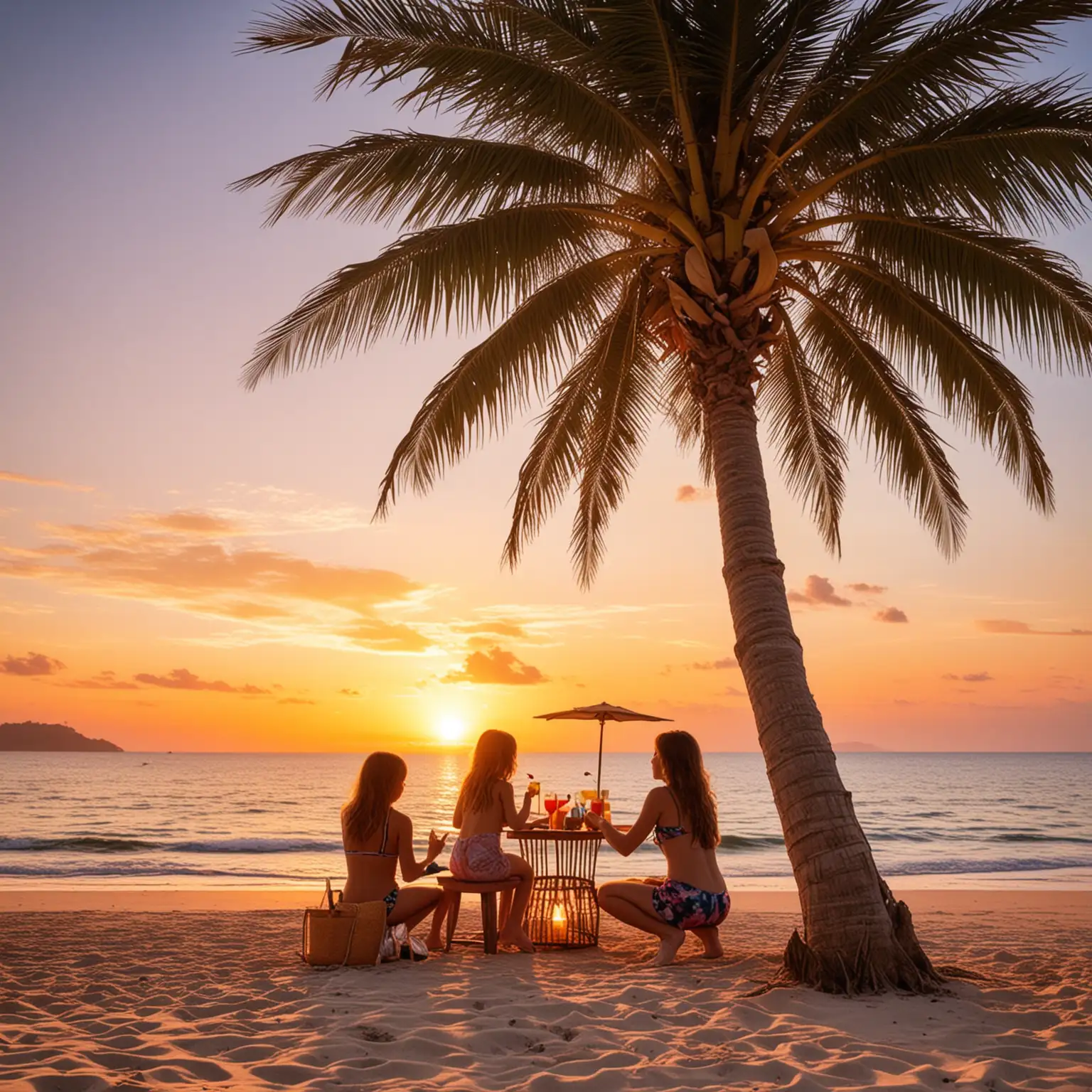 celebrate life at the beach under a palm tree with a cocktail and kids playing with a sunset
