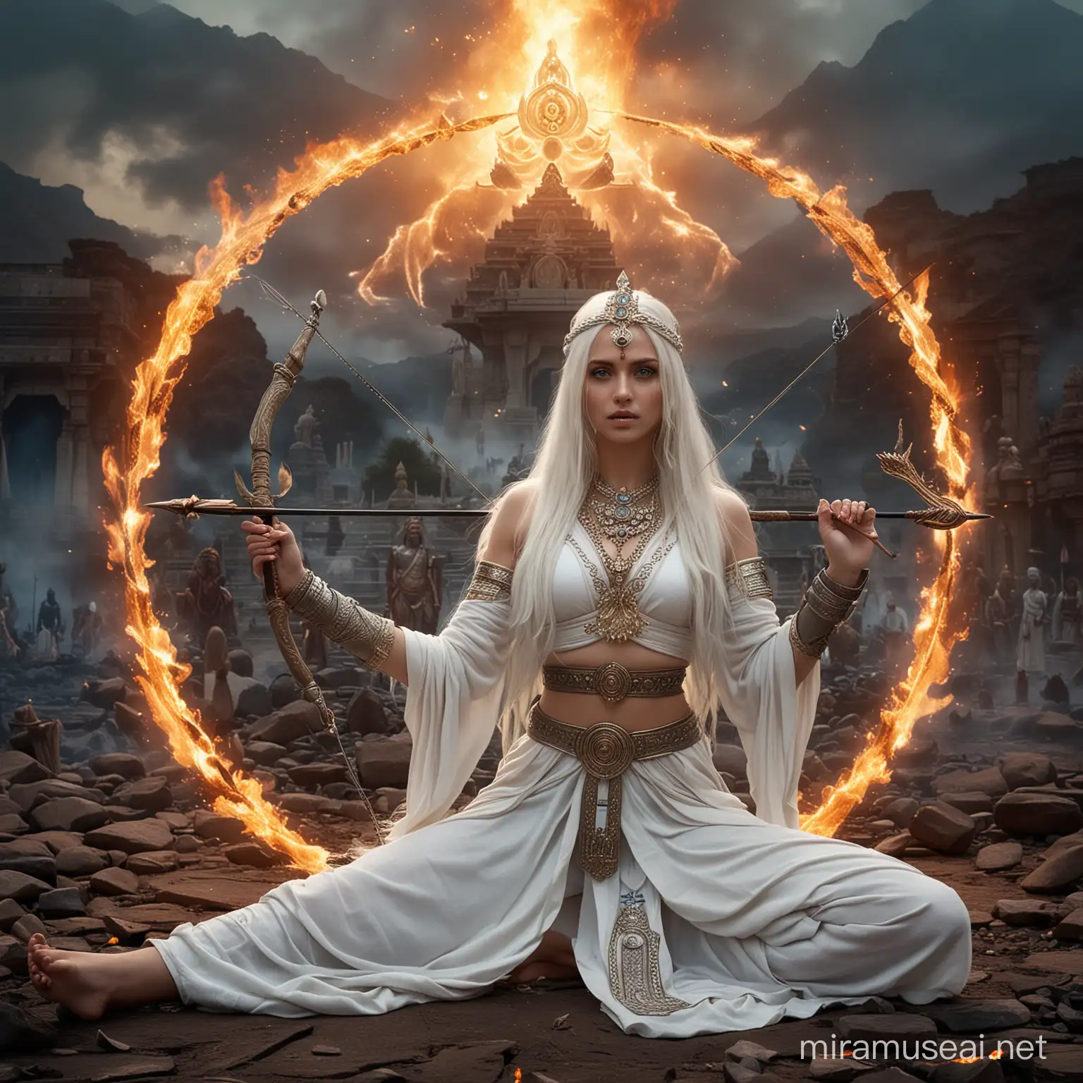 Powerful Hindu Empress Goddesses in Combat Amidst Mystic Fire Circles