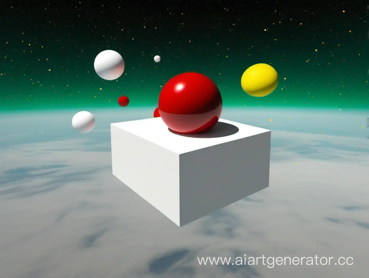 Platform, floating in the air. On it are a white cube, a red cylinder, a yellow cylinder, a green cylinder. Cosmic landscape.
