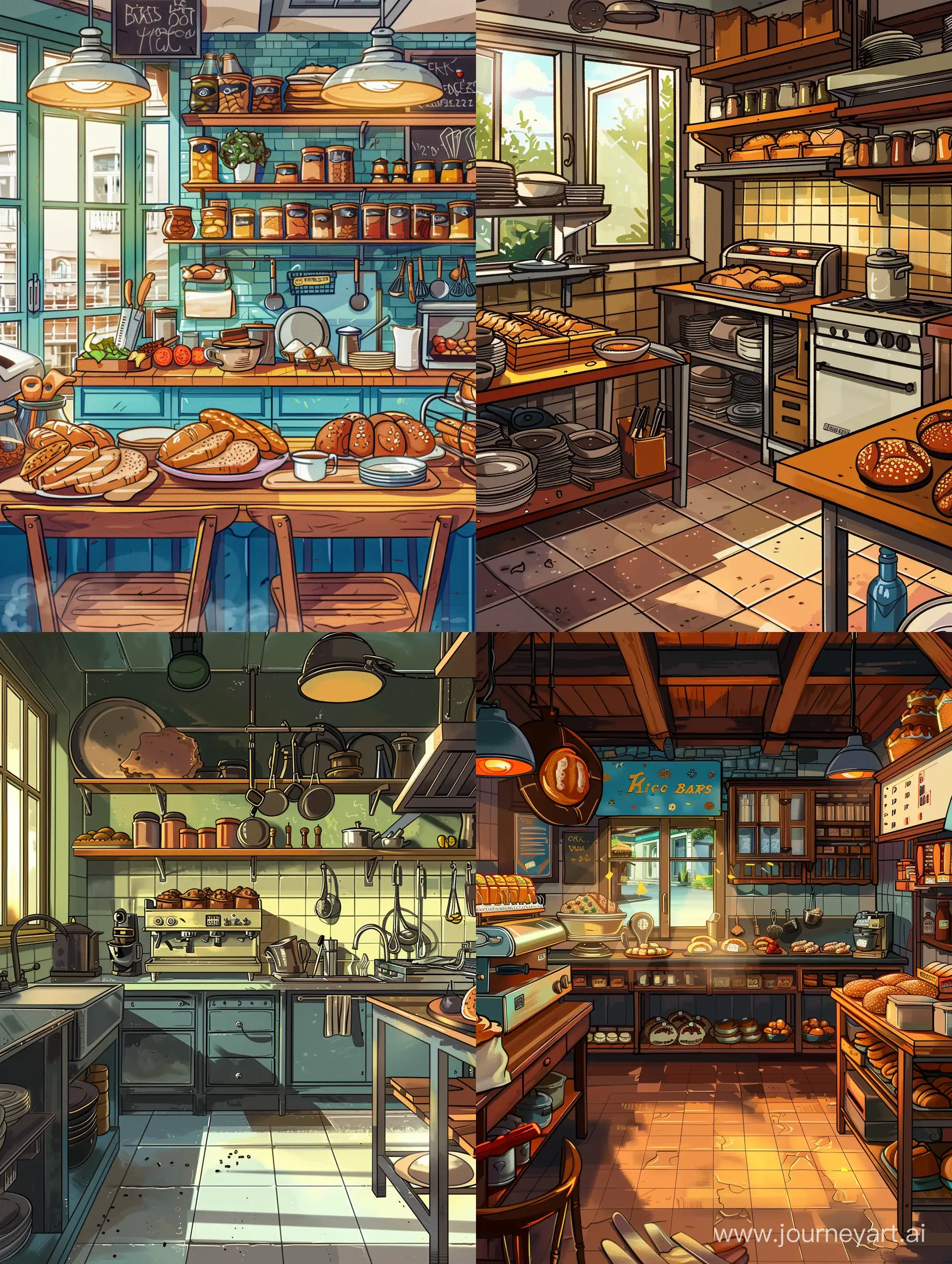 Comic cartoon of a bakery interior kitchen with ustensils for a video gane background, fun. Use only 3c2337,fadcca,f5965f,ed6f4c,fa4637 and their shades, Style of Erik Jones, sparth, highly detailed, hyper-detailed