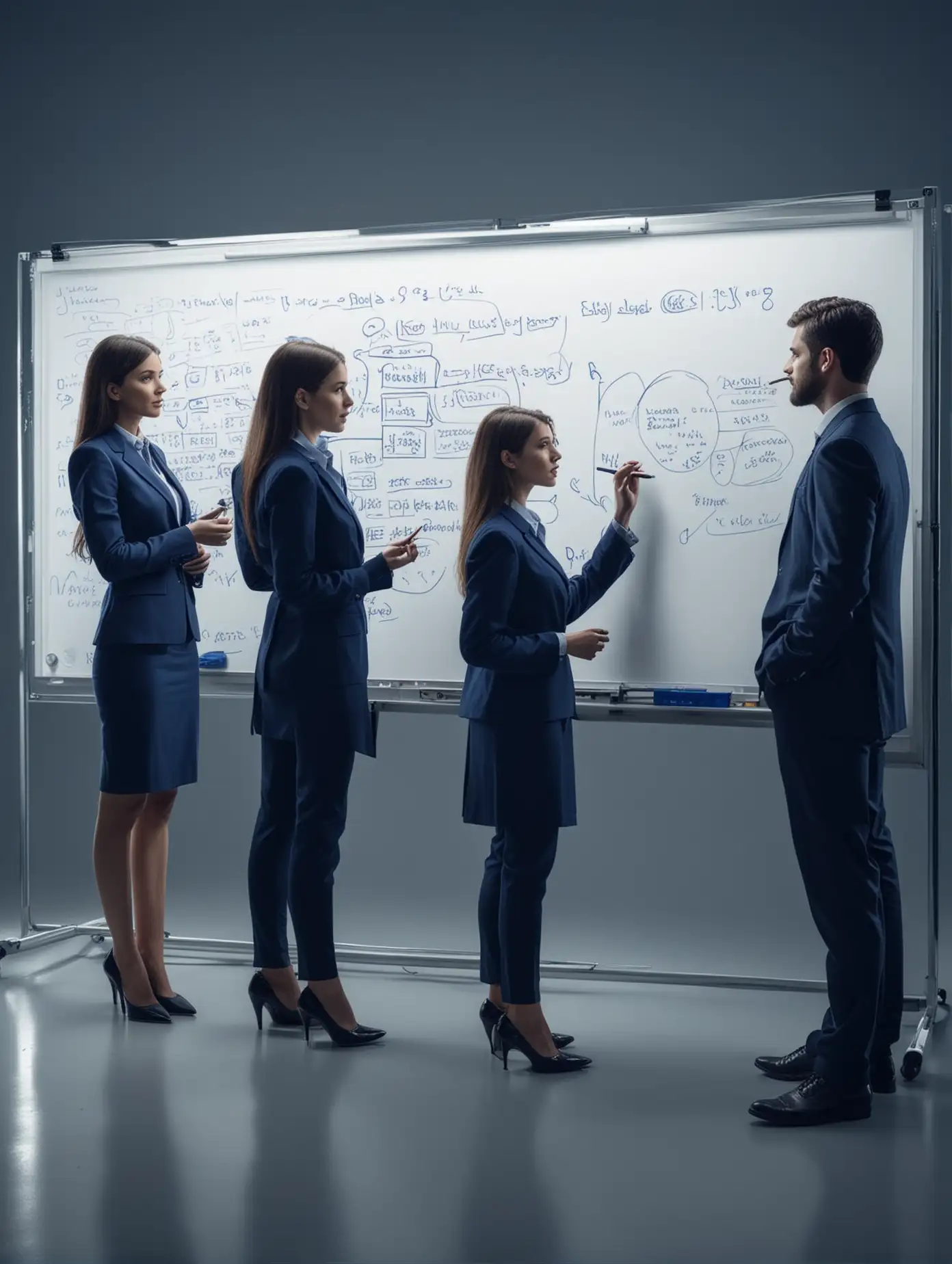 show professional photo with slight reflection. dark blue theme. 6 persons male and female having talking with each other while drawing at whiteboard.