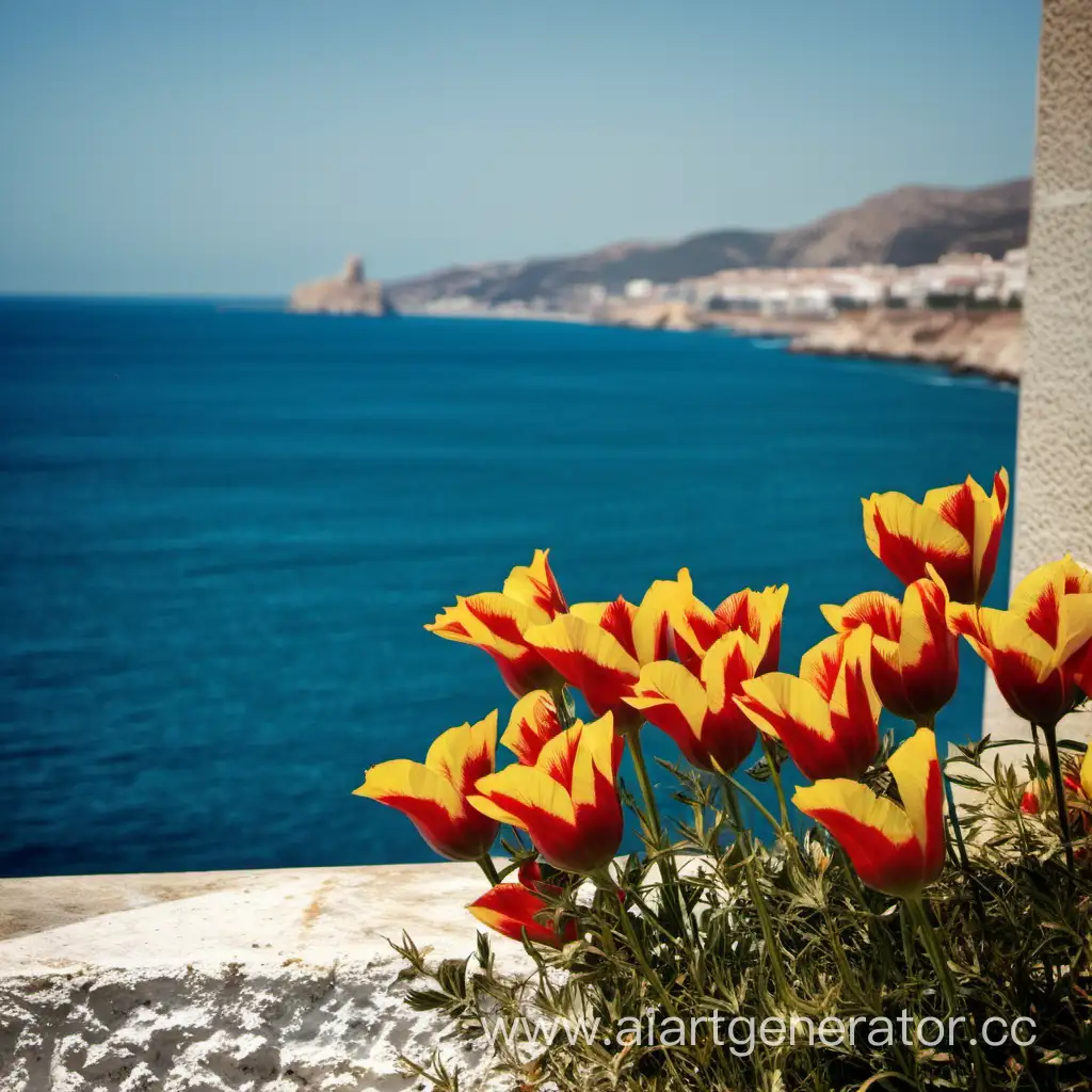 цветы на фоне моря испания сбоку надпись «8 de marzo»
