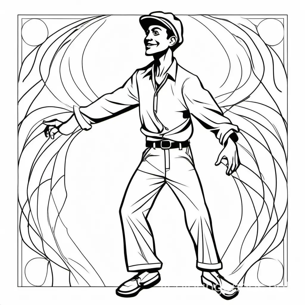 male soul dancer spinning around wearing wide trousers and a flat cap no colour, Coloring Page, black and white, line art, white background, Simplicity, Ample White Space. The background of the coloring page is plain white to make it easy for young children to color within the lines. The outlines of all the subjects are easy to distinguish, making it simple for kids to color without too much difficulty