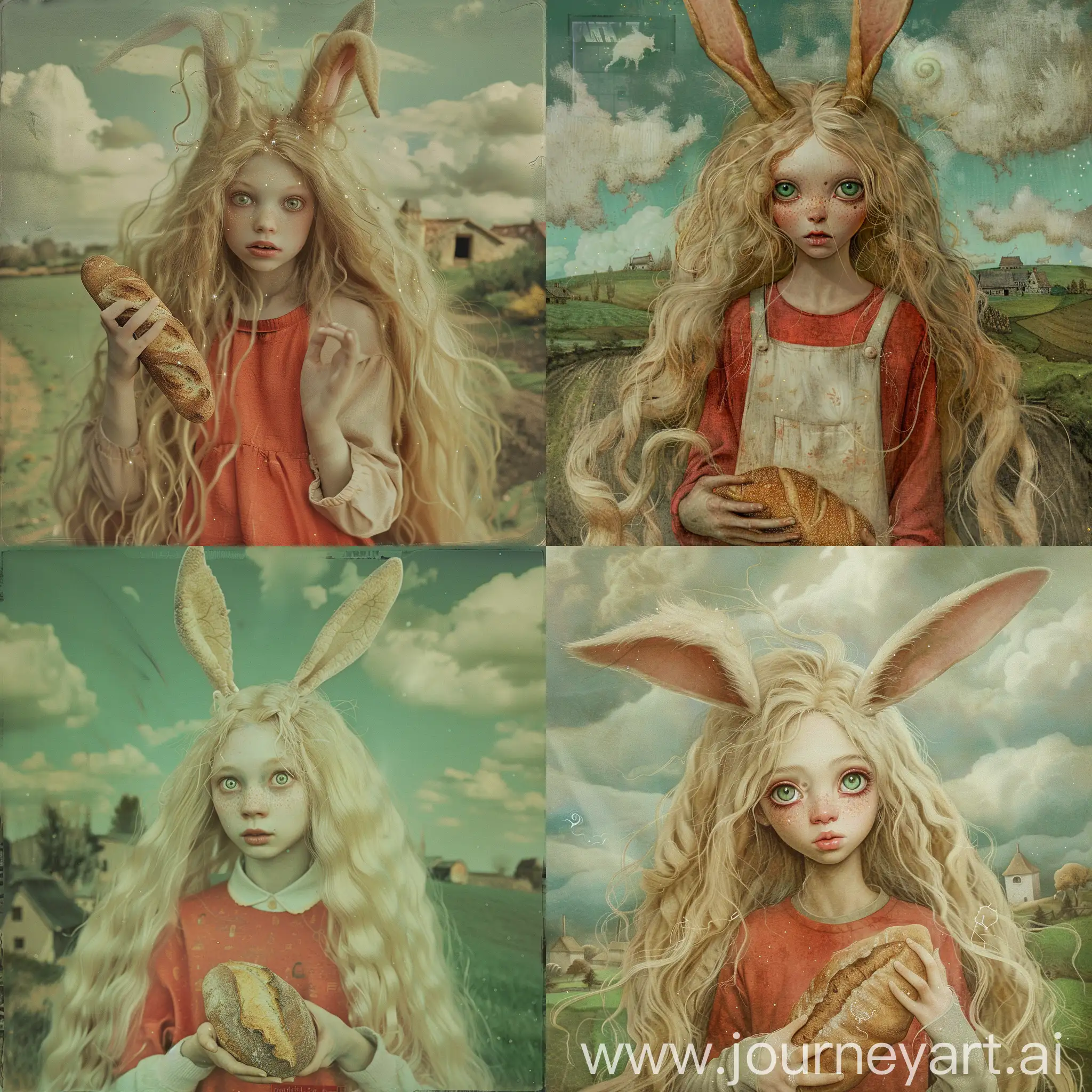 caspar david friedrich style, ivan bilibin, narue, dino, tsvbvra, polaroid photo, realistic style, poetry symbolism, 1girl, young, solo, blonde hair, very long hair, tousled hair, anthropomorphic, bunny ears, pale red shirt, oversized clothing, long sleeves, green eyes, spiral pupils, @_@, large eyes, holding bread, village, early morning, clouds , green field detail, look at viewer, scared, half body, sparkle
