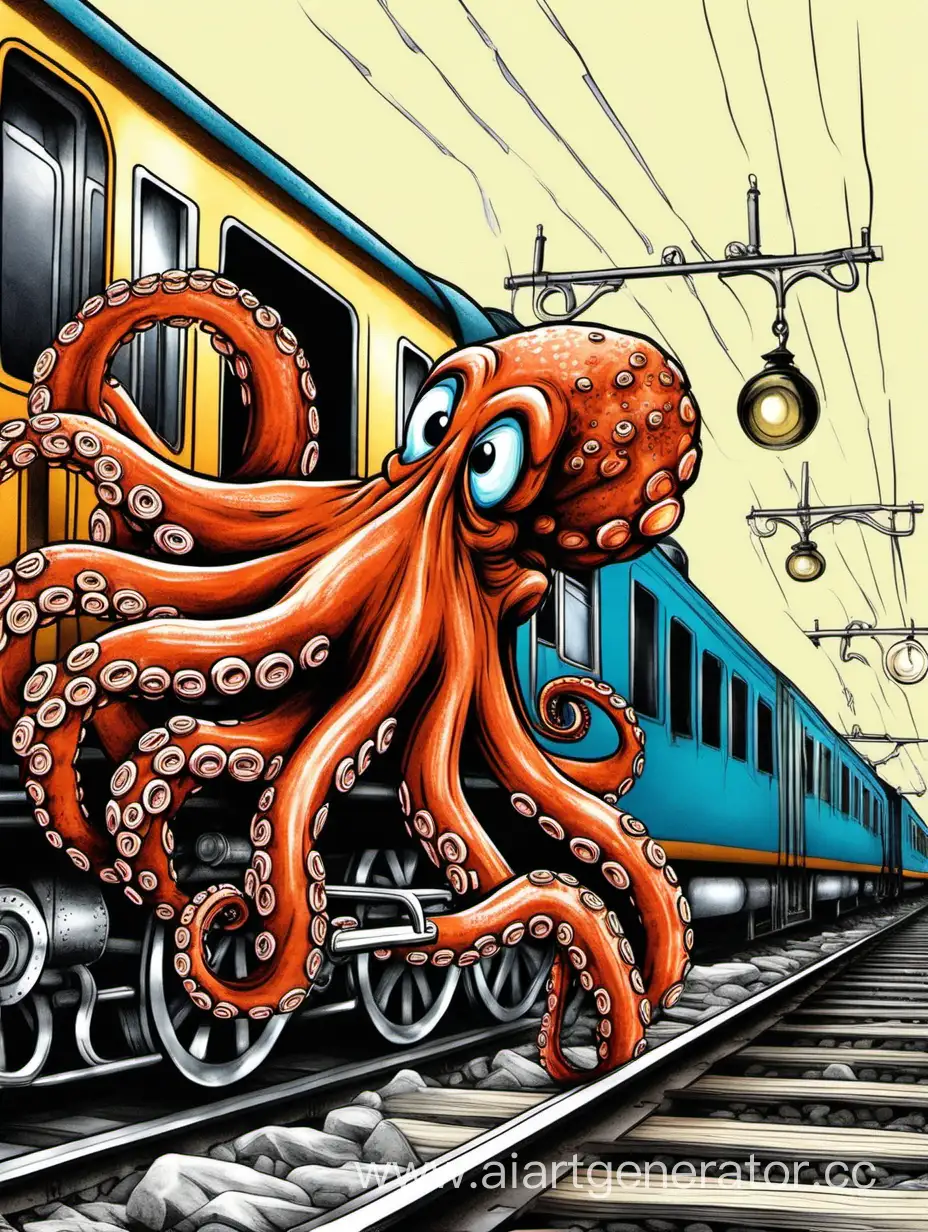 Color-Drawing-of-Octopus-Riding-Train