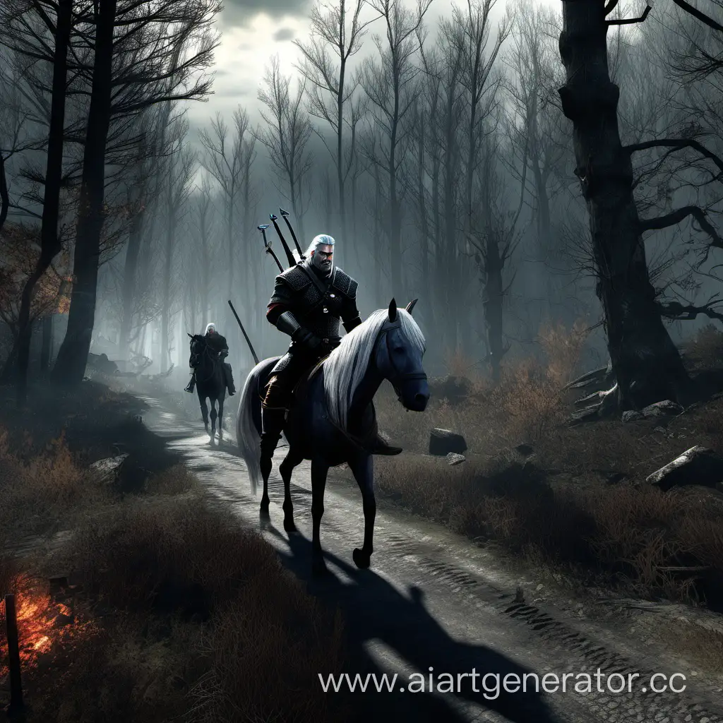 ведьмак Геральт ведёт свою лошадь по грязной лесной дороге