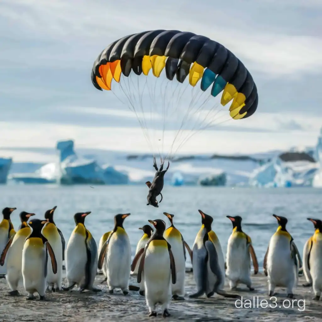 photo-like super realistic parachuting mouse landing among penguins