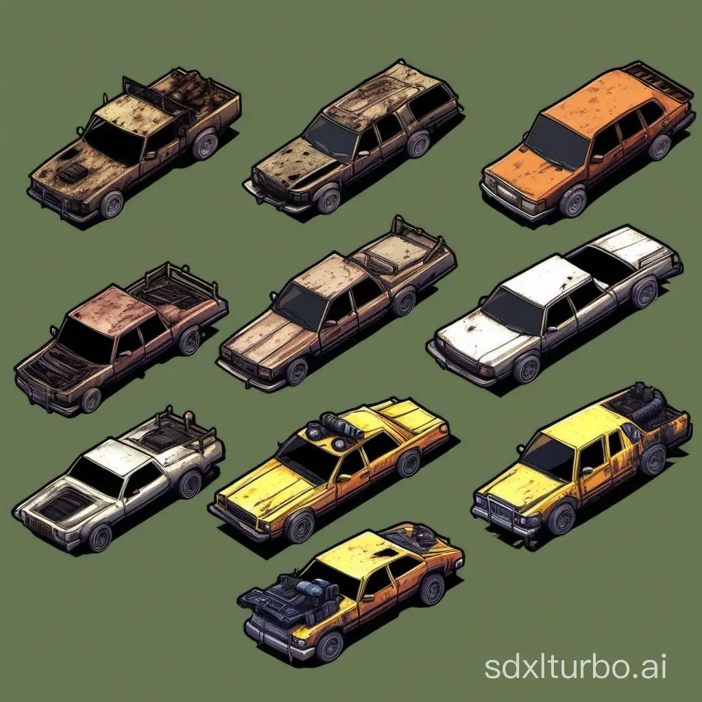 Generate some GTA1 style car sprites from 100%20top-down perspective of post apocalyptic vehicles.