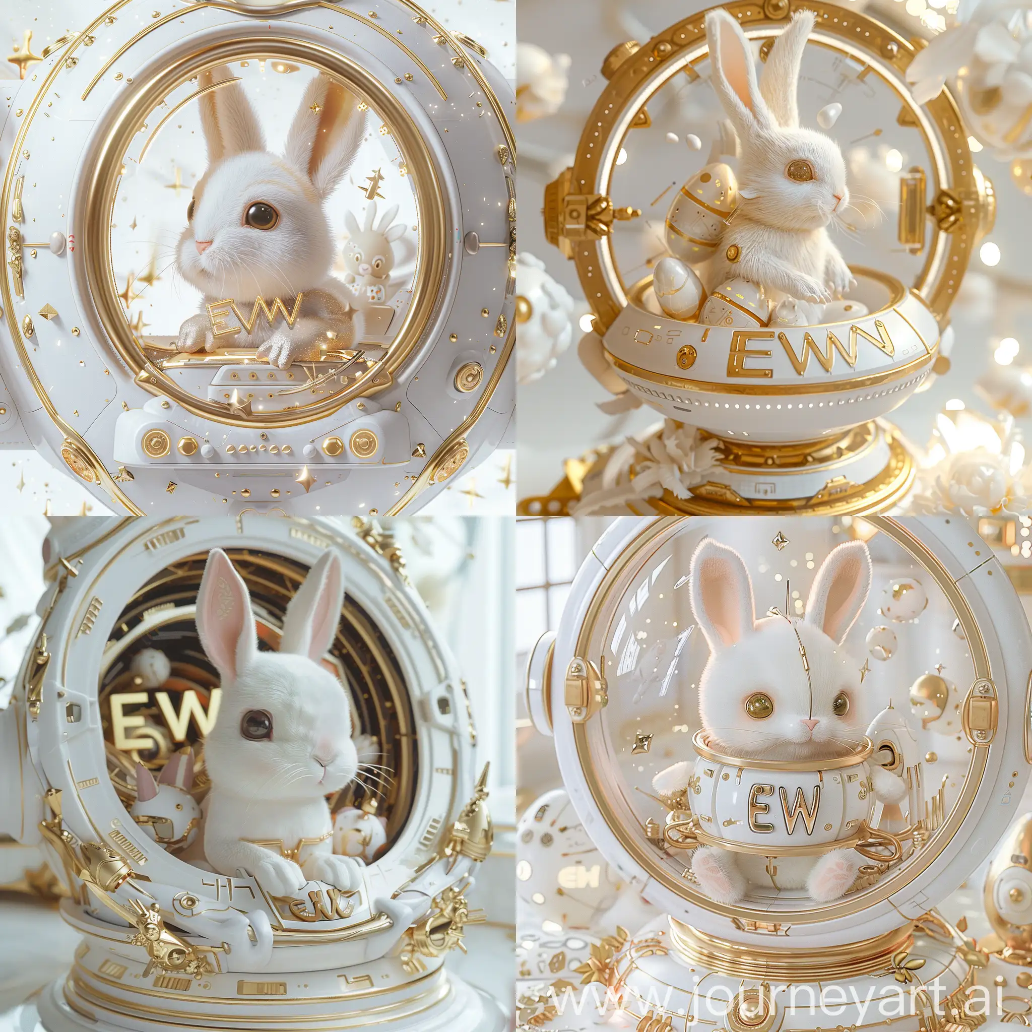 a cute Easter Bunny from the Future with the insription "EWW"  in a spaceship,  ultra realistic, bohemian fashion, high detail, sharp focus, white and gold
