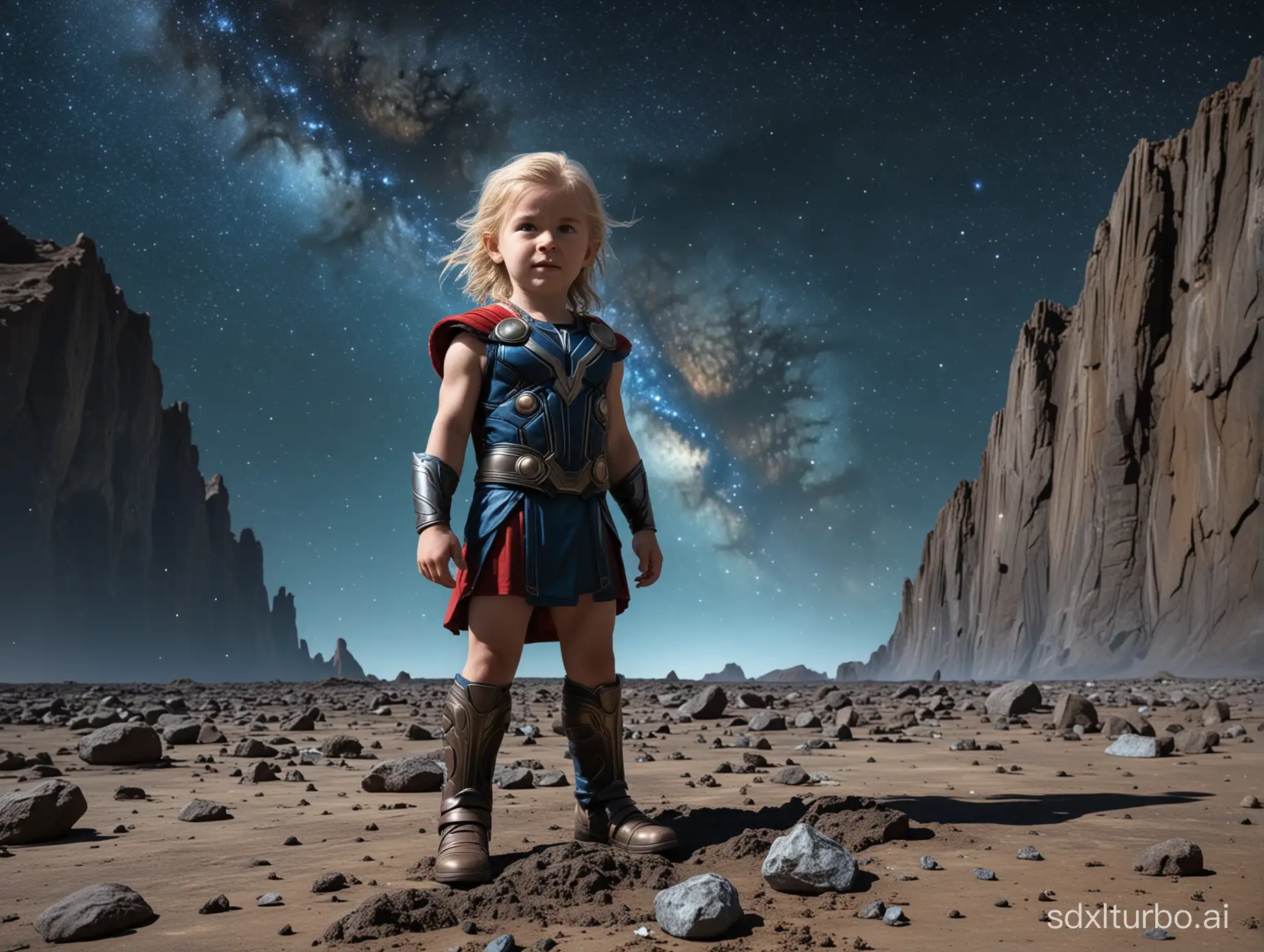 一个儿童，全身，面对镜头，能看见五官及头发，变成雷神托尔站在月球陨石表面，背后有蓝色地球，银河星系若影若现，偏暗