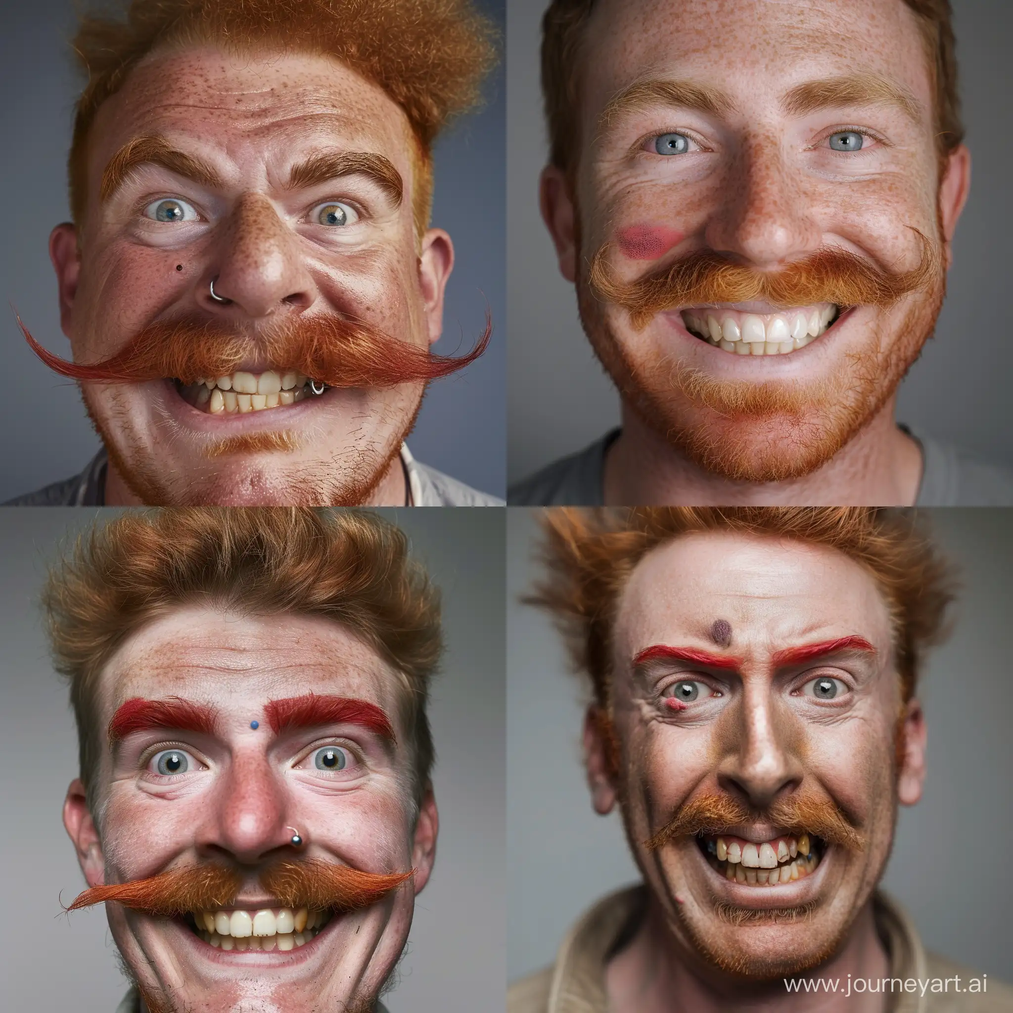 Мужчина 45-49 лет с рыжей монобровью, родинка справа от левого глаза под бровью большой нос щетина и рыжие усы, идеально белые зубы