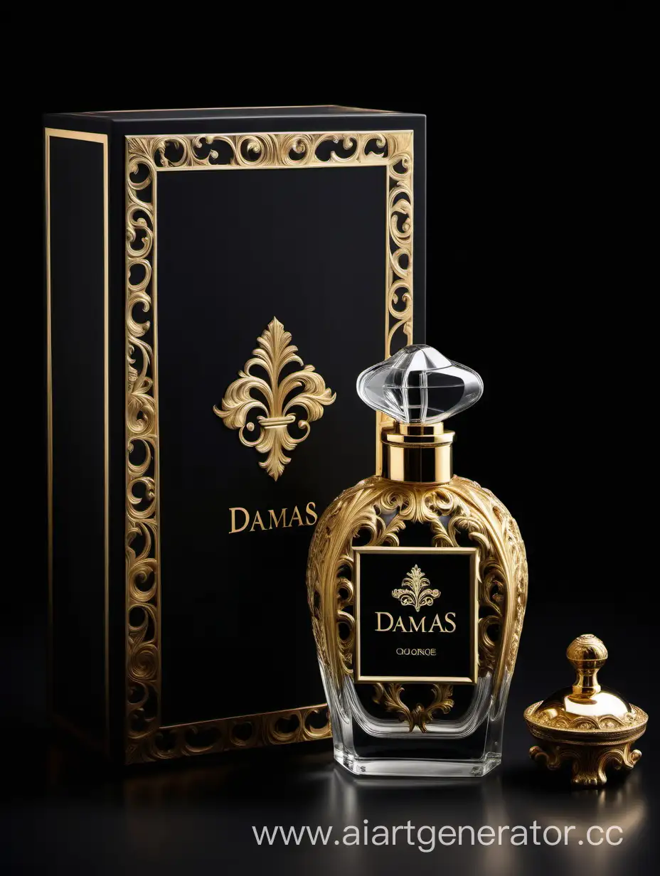 a bottle of damas cologne sitting next to a dark White box,with golden lines a Baroque dynamic luxurious composition, feminine
flemish Baroque