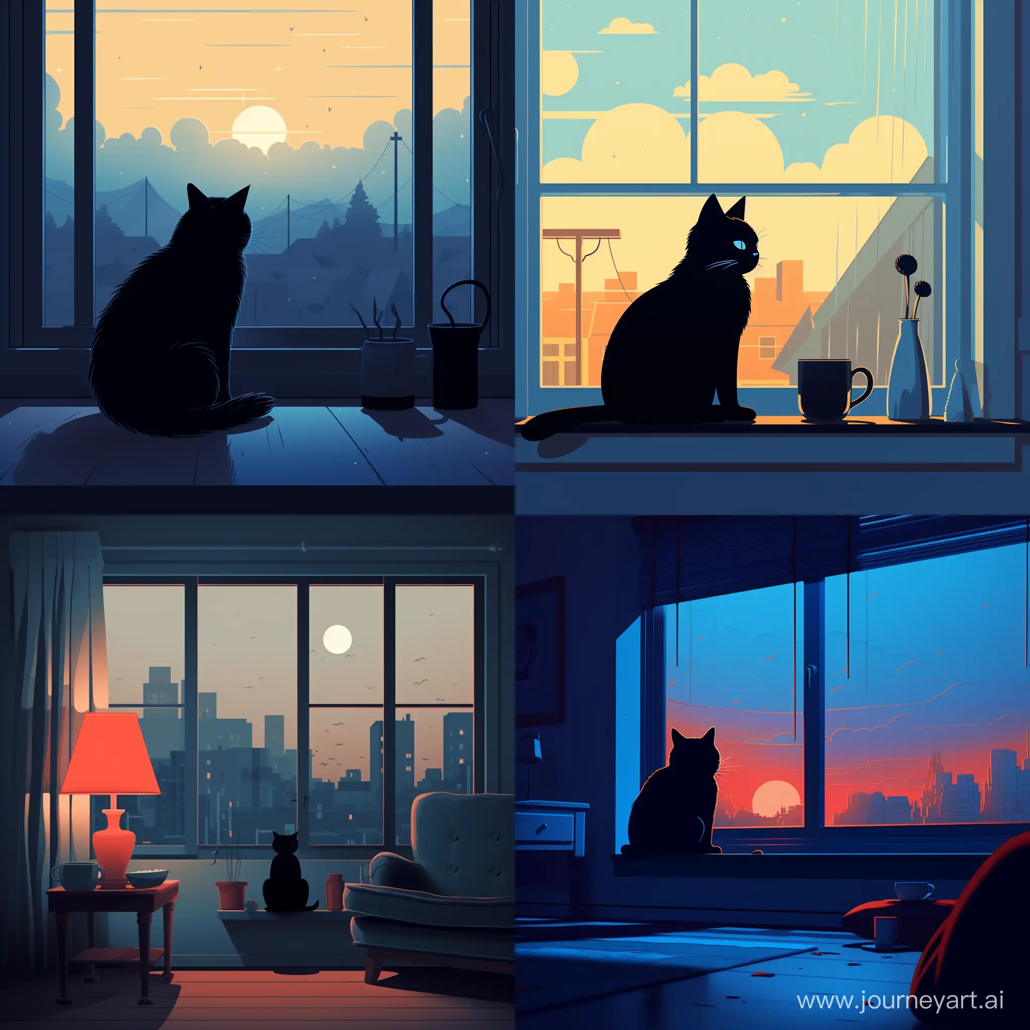  2D cartoon минимализм, ::1.1, голубая кошка с черными узорами лениво разлеглась на фоне окна, мягкий свет проникает через окна отбрасывая блики на кошку