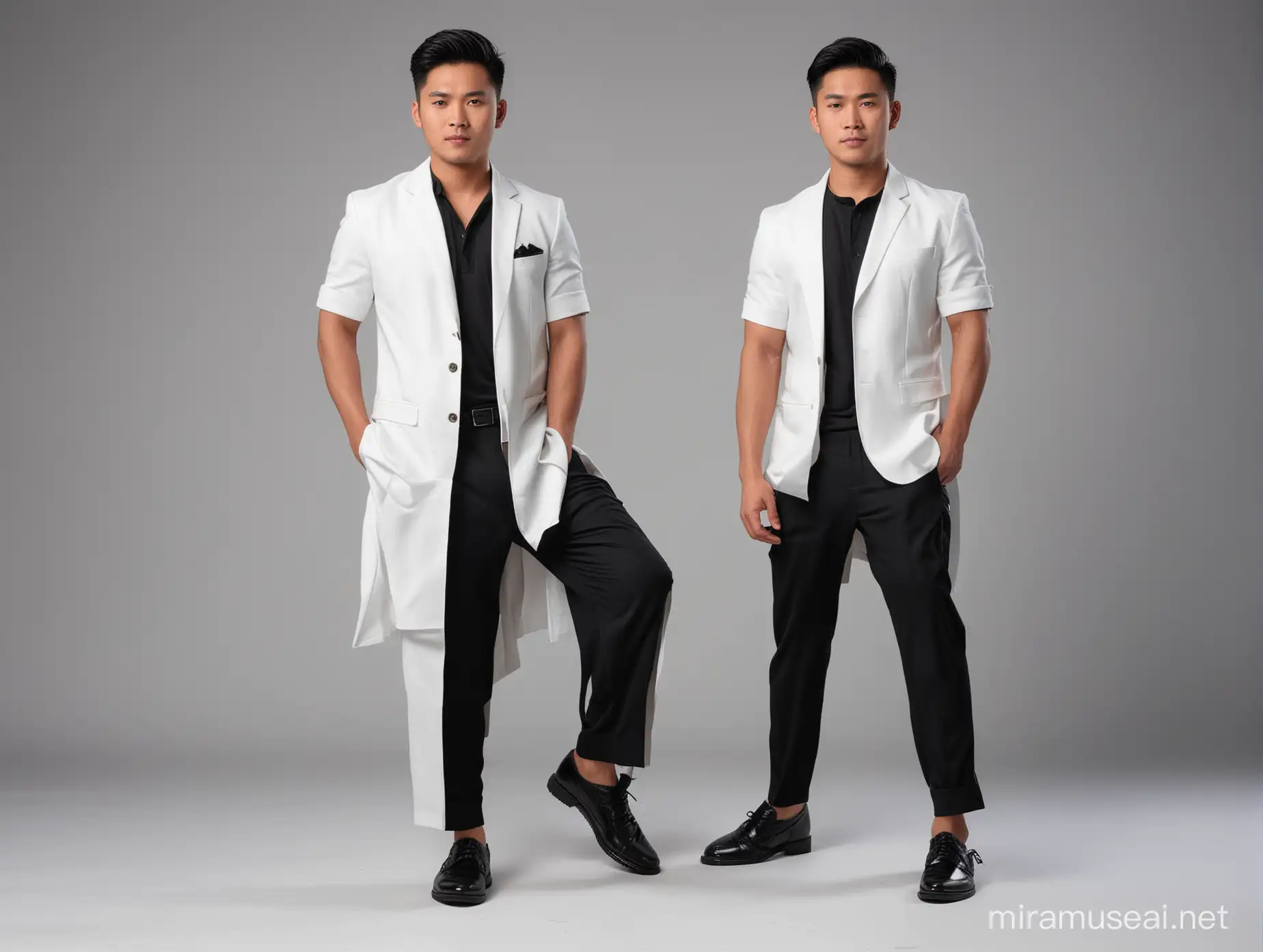 Three Indonesian Men in Stylish White Suits and Black Shirts